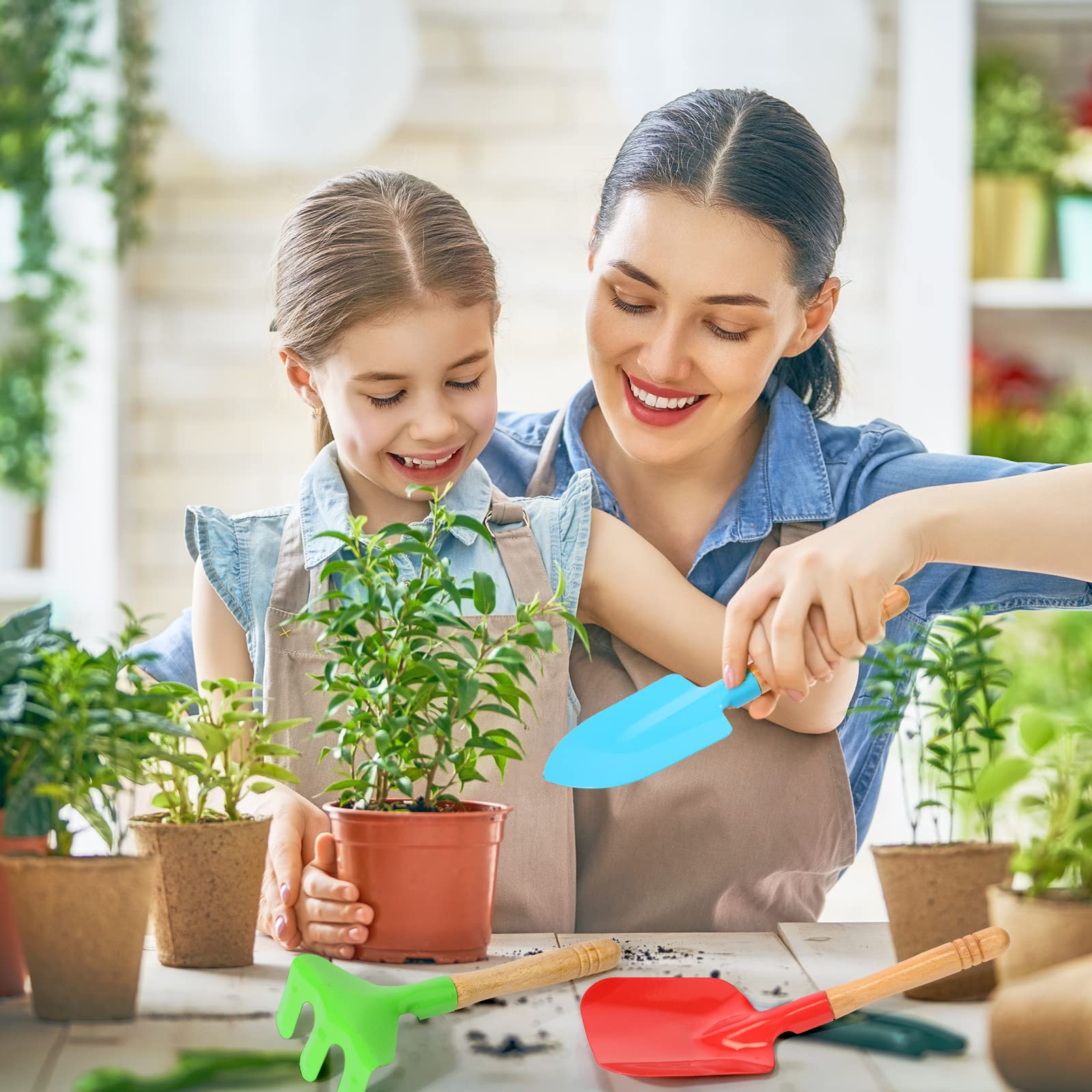 40 herramientas de jardinería para niños, 10 rastrillos de jardín, 10 palas de jardín, 10 paletas de jardín, 10 bolsas verdes, herramientas de jardín de metal con mango de madera, caja de 4