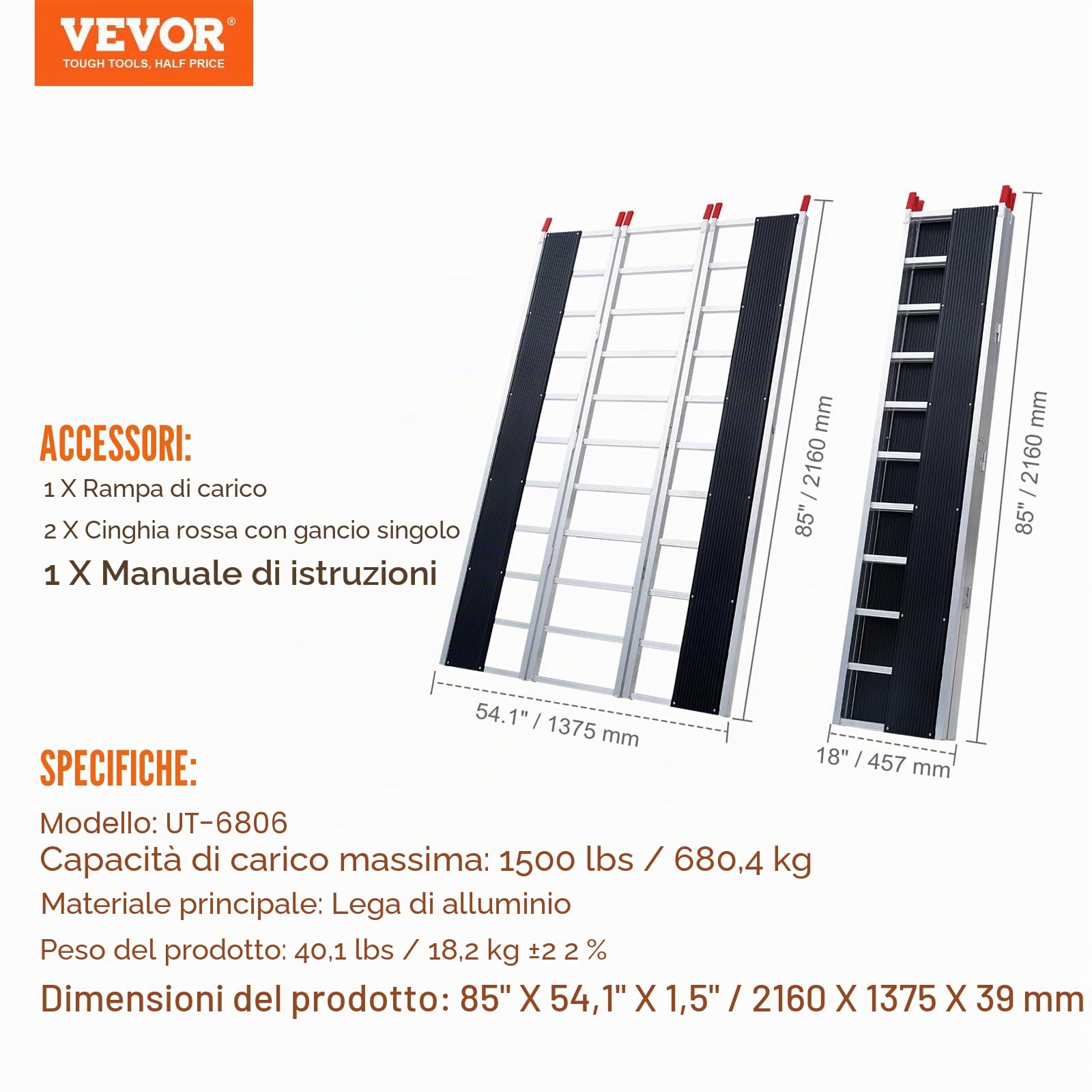 VEVOR Rampe in Alluminio Pieghevoli 216x137,5 cm, Rampa di Carico Capacità 680,4kg, Rampa di Accesso per Moto, Fuoristrada, Rimorchio, ATV, UTV, Trattore, 3 Pezzi, Rampa 3 Pezzi per Trasporto