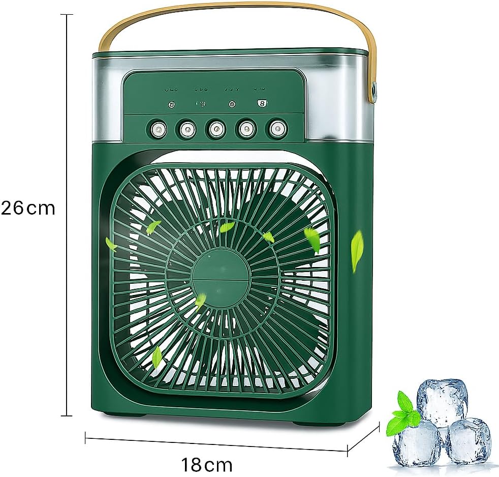 Portable Mini Air Cooler | 3-in-1 AC Fan with 3 Wind Speeds, 3 Spray Modes, LED Light & Timer | USB Powered Personal Cooling Fan for Office, Home, Dorm, Travel, Kitchen (Dark Green)