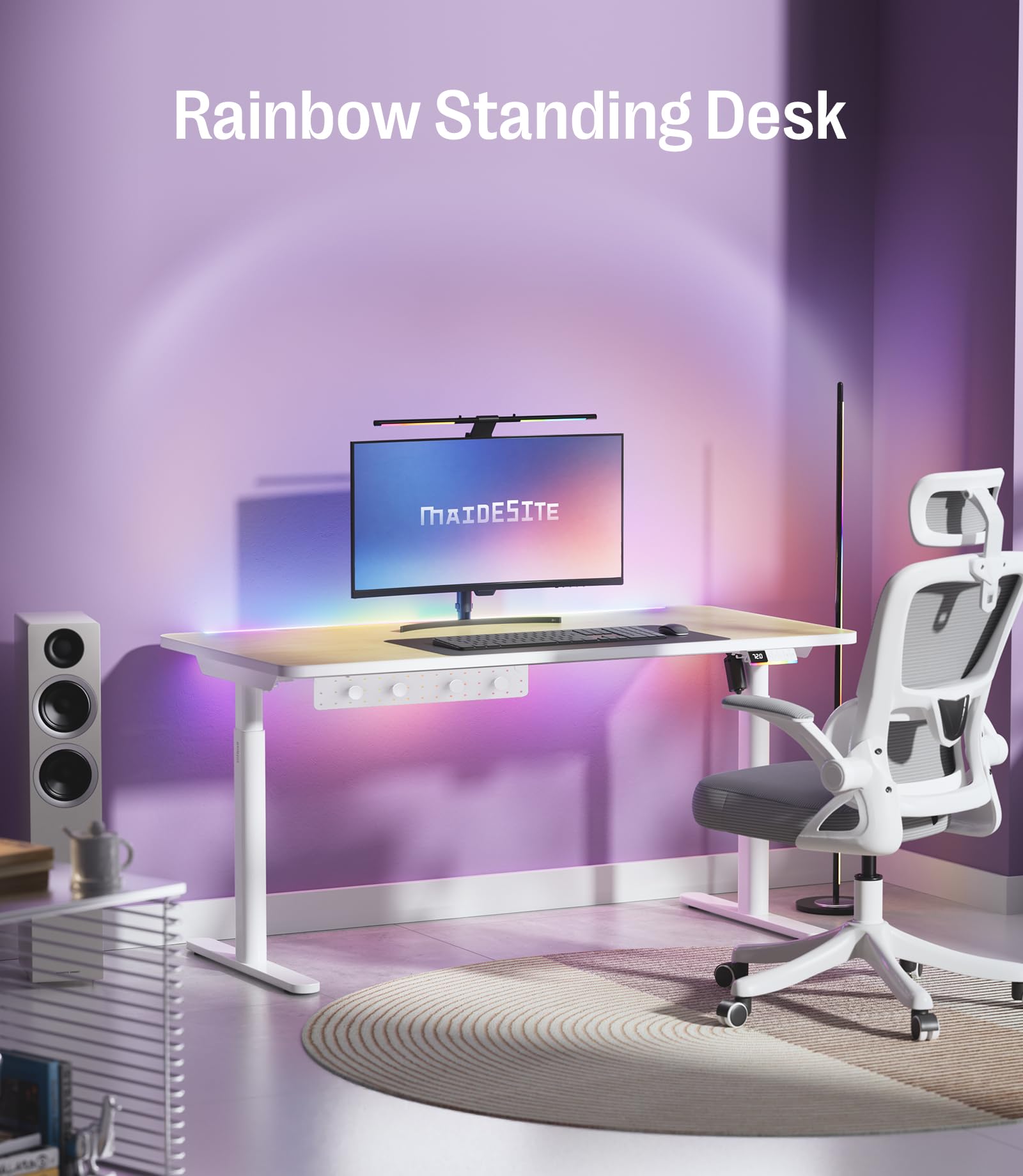 MAIDeSITe Bureau électrique réglable en hauteur - 140 x 70 cm - Bureau assis debout, bureau RVB avec LED, bureau gamer, table d'ordinateur pour salon
