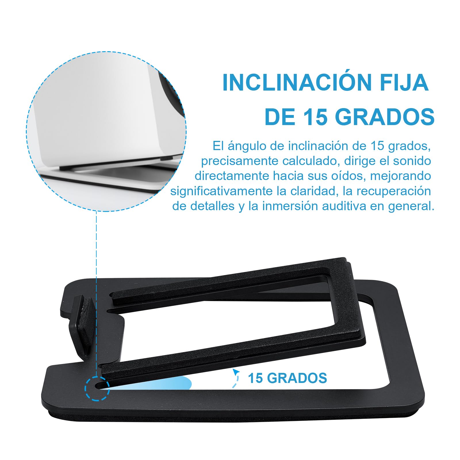 Sanyun SW601 Soportes para Altavoces de Escritorio Inclinados 15° para Altavoces Compactos de 2''-3'' para PC, Estantería o Monitor, Base de Acero y Almohadilla de Espuma Amortiguadora (Par, Negro)