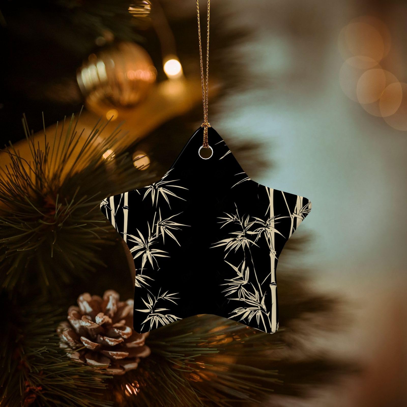 Christmas Ornaments for Christmas Tree Decoration Hanging Asian Bamboo Ornament with Gold Ribbon Crafts Star Shape Ceramic Pendant for Keepsake Gifts Xmas Decor Party Supplies
