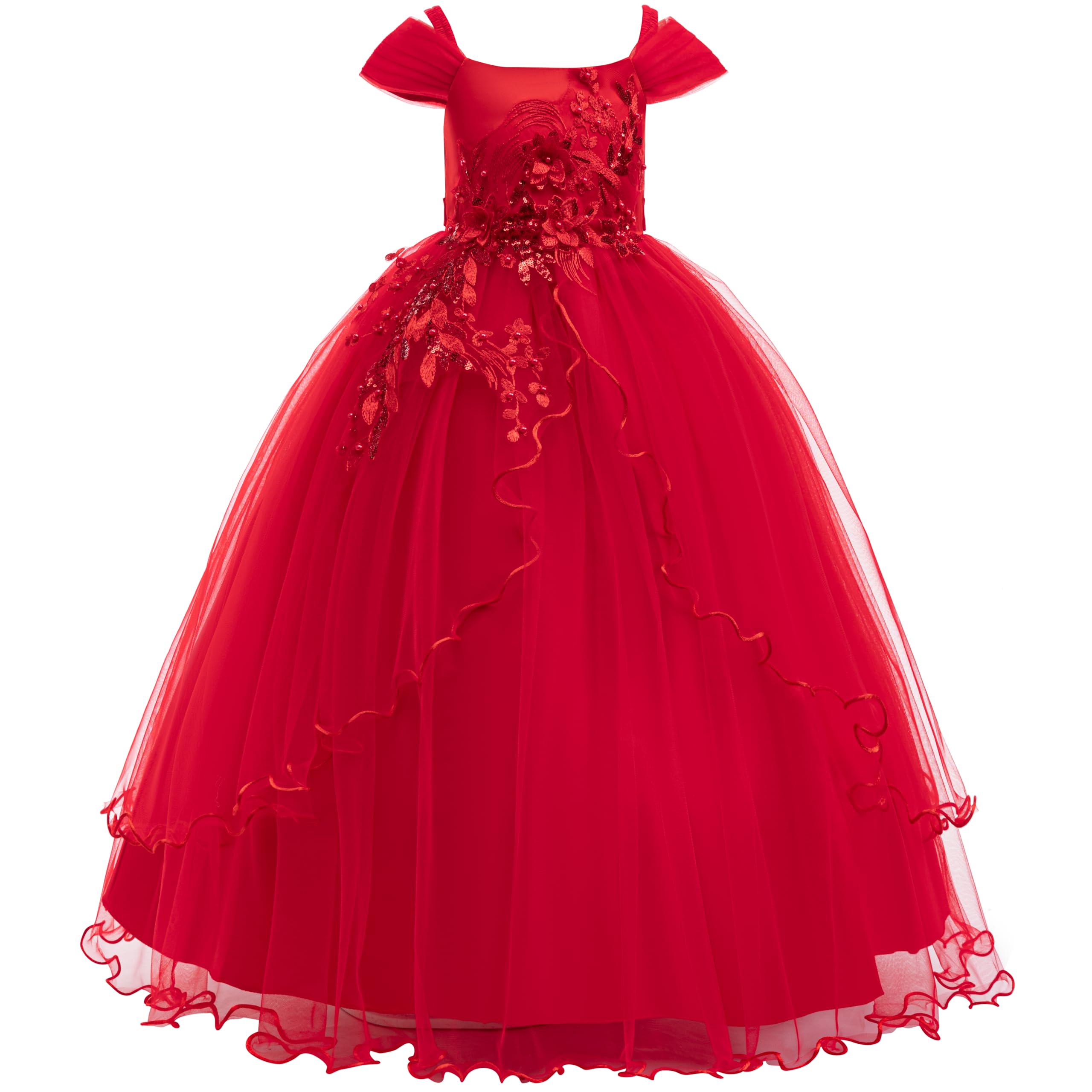 Photo 1 of Weileenice Bright Red Toddler Girls Dress Christmas 4 5T Cold Shoulder Embroidery Tulle Girls Lace Bridesmaid Wedding Princess Ball Gown Vintage Kids Holiday Birthday Pageant Party Dance Formal Dresses