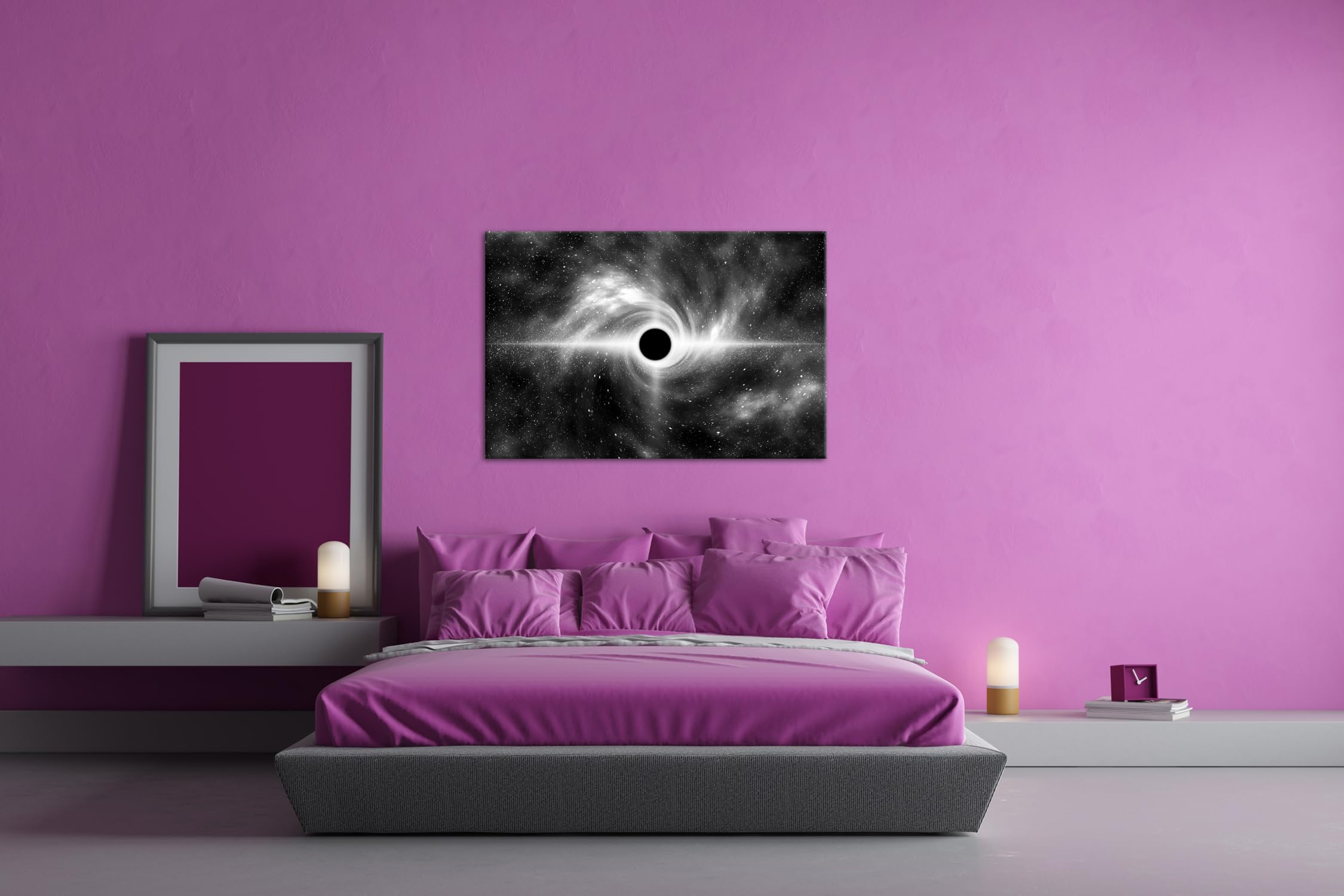 deyoli Ilustración de un agujero negro. Formato: 90 x 60 cm. Efecto: negro/blanco como lienzo, diseño listo enmarcado en marco de madera auténtica, impresión digital de alta calidad con marco
