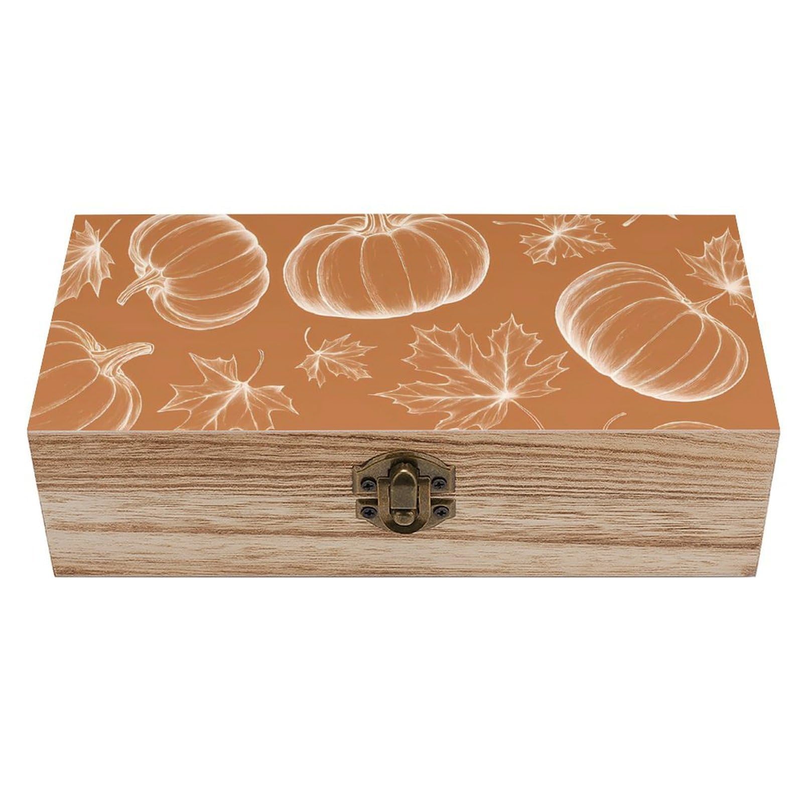 HLBSDM Fall Burnt Orange Pumpkin & Maple Leaves Retro Wooden Storage Box Jewelry Art Gift Boxs Decorative Keepsake Boxes