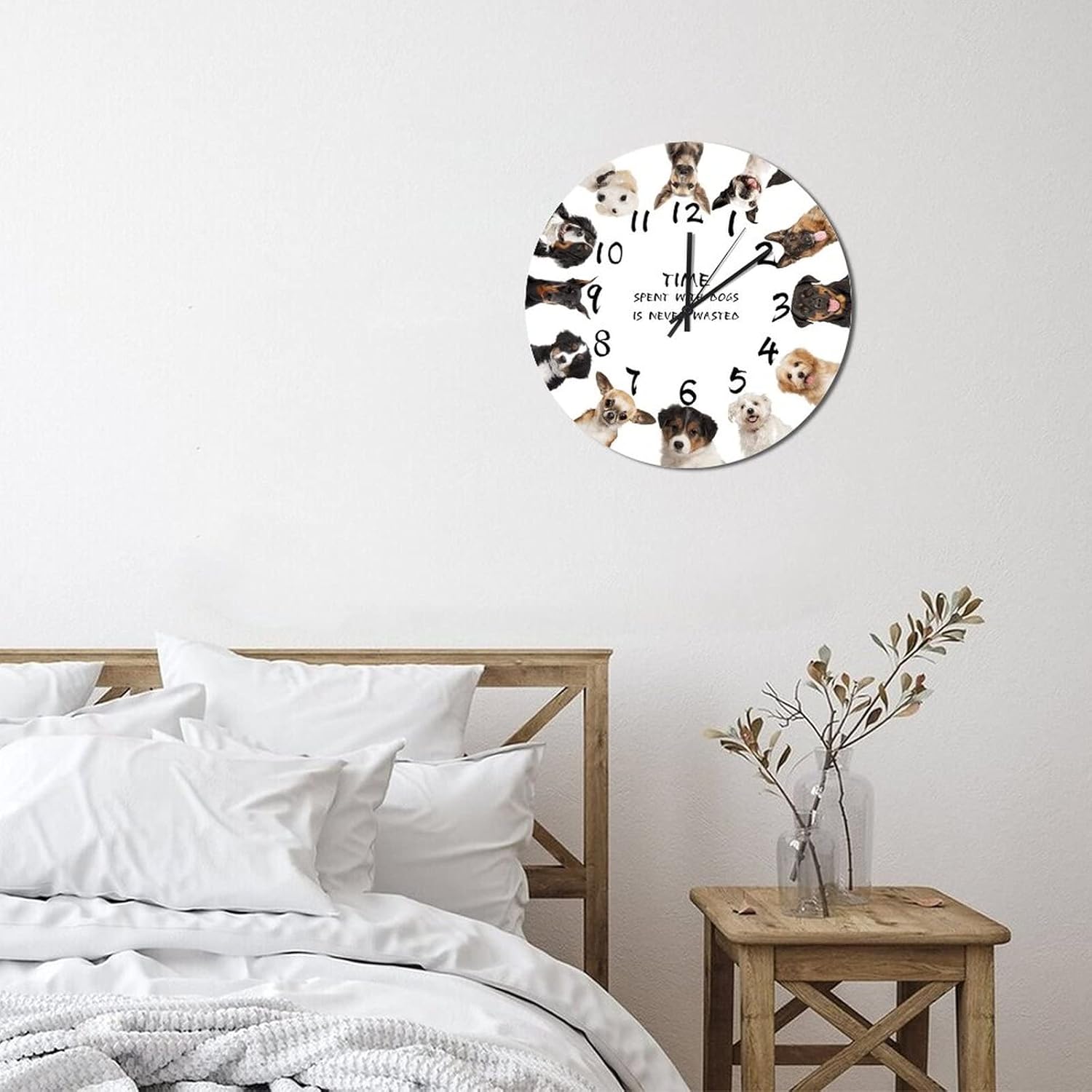 Time Spent with Dogs is Never Wasted Wall Clocks 12 Inch,Round Decorative Wood Wall Clock,Retro Hanging Silent Wooden Wall Clock for Bedroom Kitchen Living Room Kid's Room Home Decor