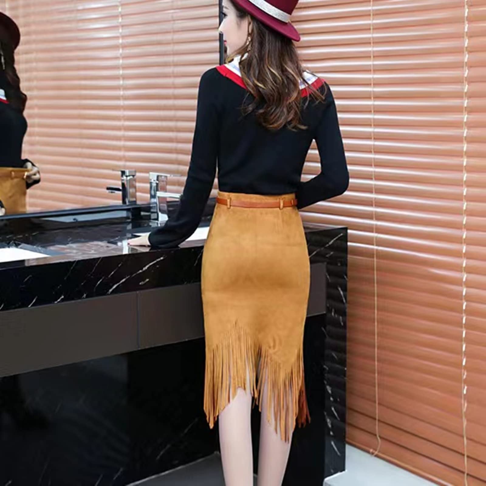 Jupe longue printemps automne crayon longueur genou tricot coton jupe femme taille haute jupe asymétrique, marron, 36