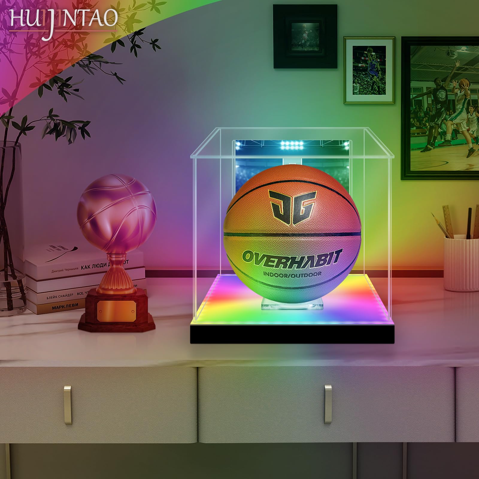 Vitrina acrílica / Caja de exhibición / Estuche de exhibición para coches a escala, figuras, baloncesto | con iluminación LED, automontaje (27x27x27 cm)
