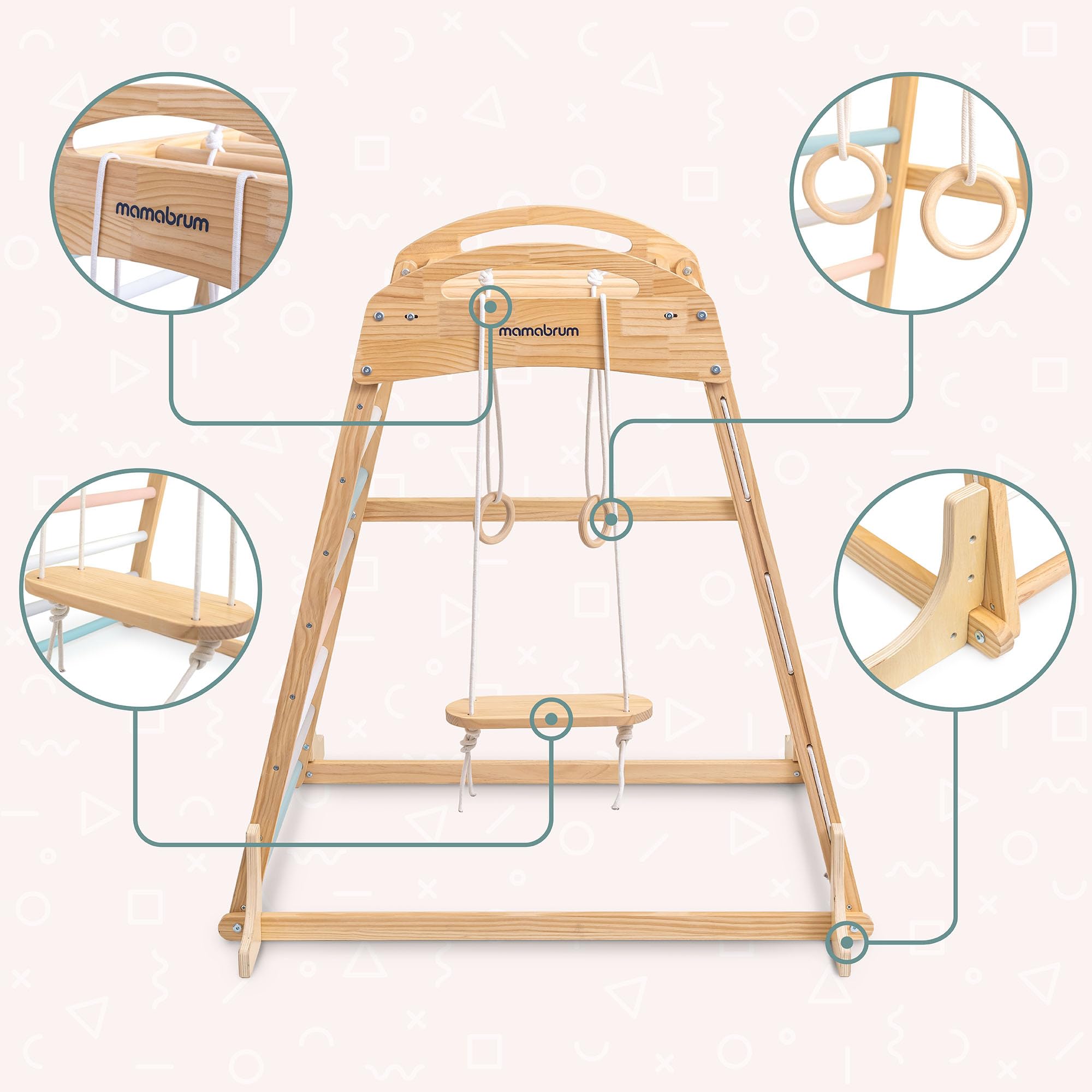 Mamabrum Aire de Jeux intérieure en Bois pour Enfants avec balançoire, Anneaux de Gymnastique et Filet d’Escalade – Ensemble Sportif Multifonctionnel pour la Maison