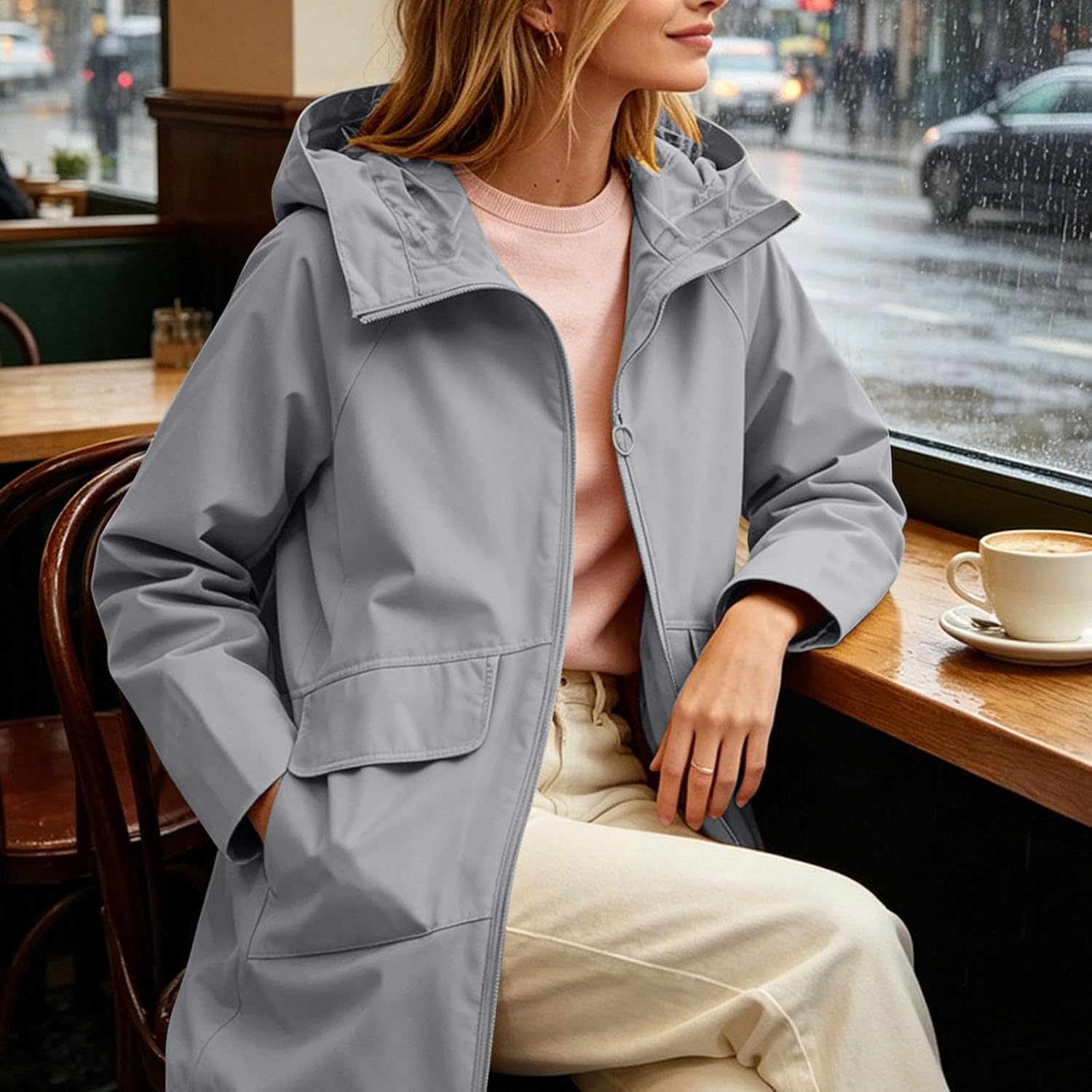 Long Raincoat for Women Hooded Zip Up Trench Coat with Pockets | Women's Mid Length Softshell Anorak with Snap Button Placket, Side Pockets, Long Sleeve for Fall Spring Travel