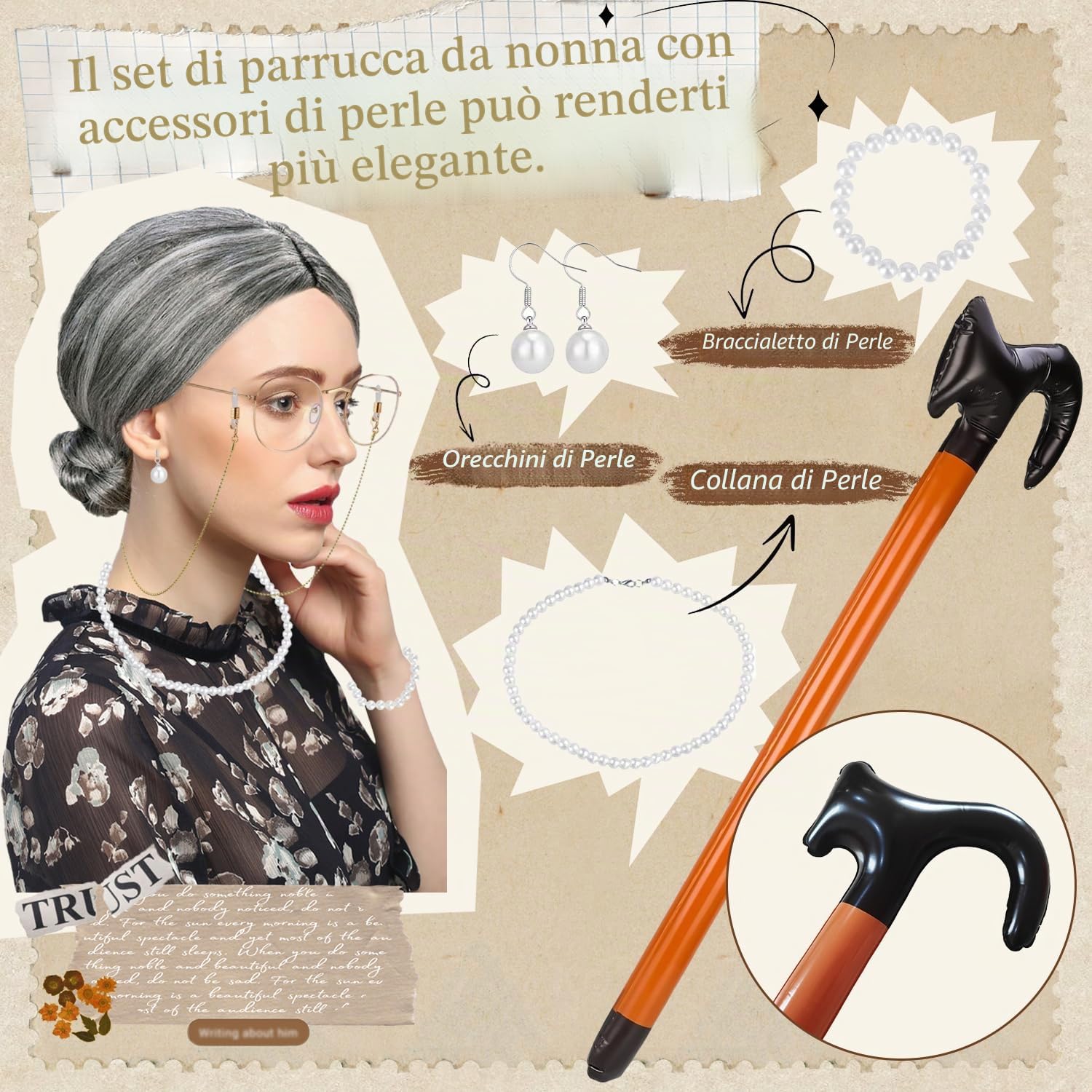 9 Pezzi Nonna Parrucca Realistica ed Elegante Parrucca Donna Collana di Perle Artificiali Gioielli Bracciali Orecchini Abit Nonna Occhiali Bastone Camm Supp Pied Gonfi per Ruolo Halloween Carnevale