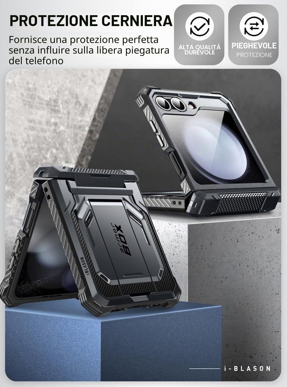 i-Blason Cover per Samsung Galaxy Z Flip 6 con Supporto, [Protezione Schermo Integrata] [Protezione Cerniera] [Clip da Cintura], Custodia Protettiva Militare per tutto il corpo (Nero)