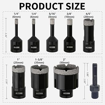 9PCs Daily Diamond Core Drill Bit Kit,6/8/10/20/25/35/50/65/100mm Drill Bits & 1Pc Adapters for Ceramic Tile Marble Porcelain,5/8-11 Thread.Hole Saw Diamond Drill Bit Set,Tool Box