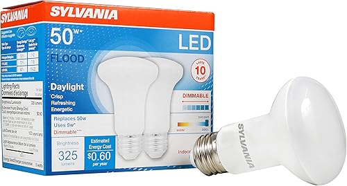 Sylvania LED R20 - Bombilla de inundación, 50 W  5 W, 10 años, regulable, acabado esmerilado, 325 lúmenes, 5000 K, luz diurna, paquete de 2 (73991),