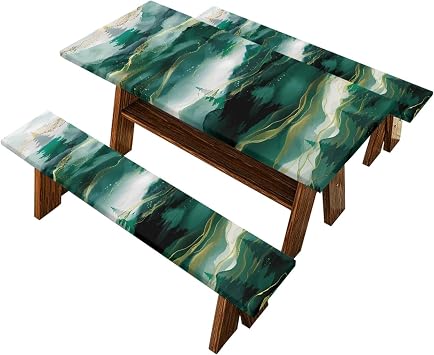 Picnic Table Cover with Bench Covers Green Mountain Scene Windproof Camping Tablecloth 6 Foot Tables Wipeable Tablecloths for Camping Gear