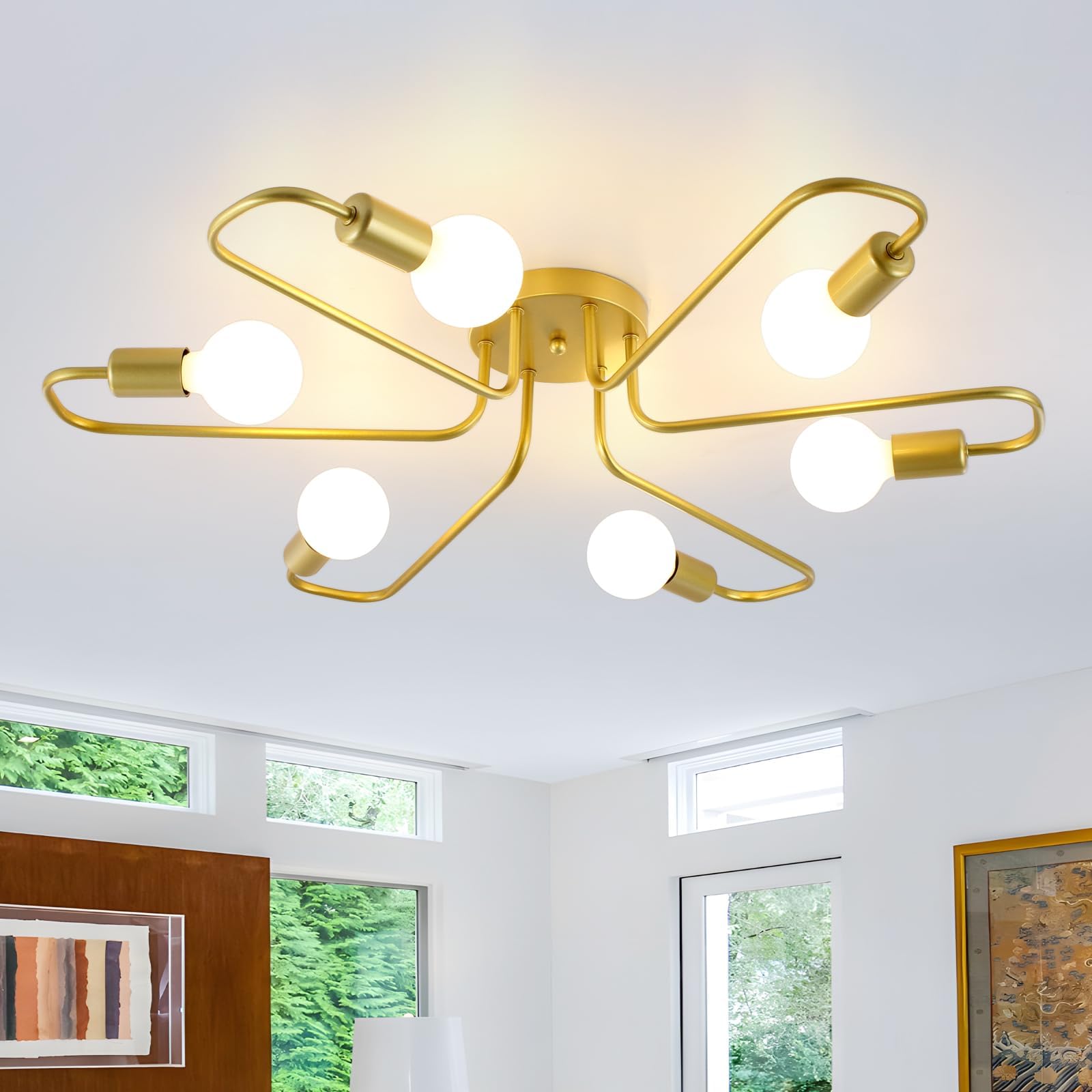 MantoLiteGold Ceiling Pendant Light, Retro E27 Ceiling Light 6 Heads, Semi Flush Mount Ceiling Light for Living Room, Kitchen, Bedroom, Farmhouse and Dining Room
