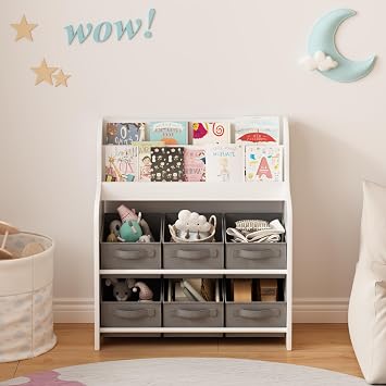 HEXCELEN Kids Bookshelf with 6 Fabric Storage Bins, Multi-Functional Childrens Bookcase and Toy Organizer, Front-Facing Display Shelf for Playroom, Bedroom or Nursery UHEHDJ054