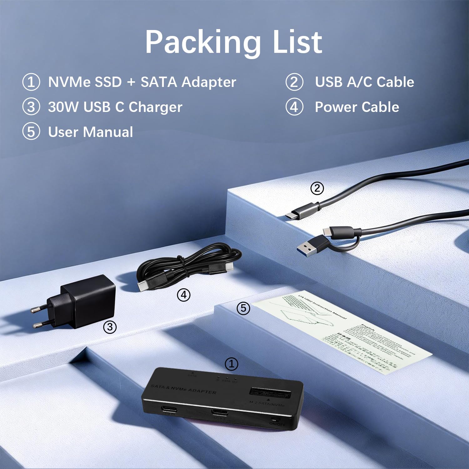 Boîtier M.2 NVMe et Adaptateur Disque, USB 3.2 Type-C /A 10Gbps boîtier Externe M.2 & Dock Disque SATA pour NVMe SSD Ainsi Que HDD/SSD 2,5/3,5 Pouces