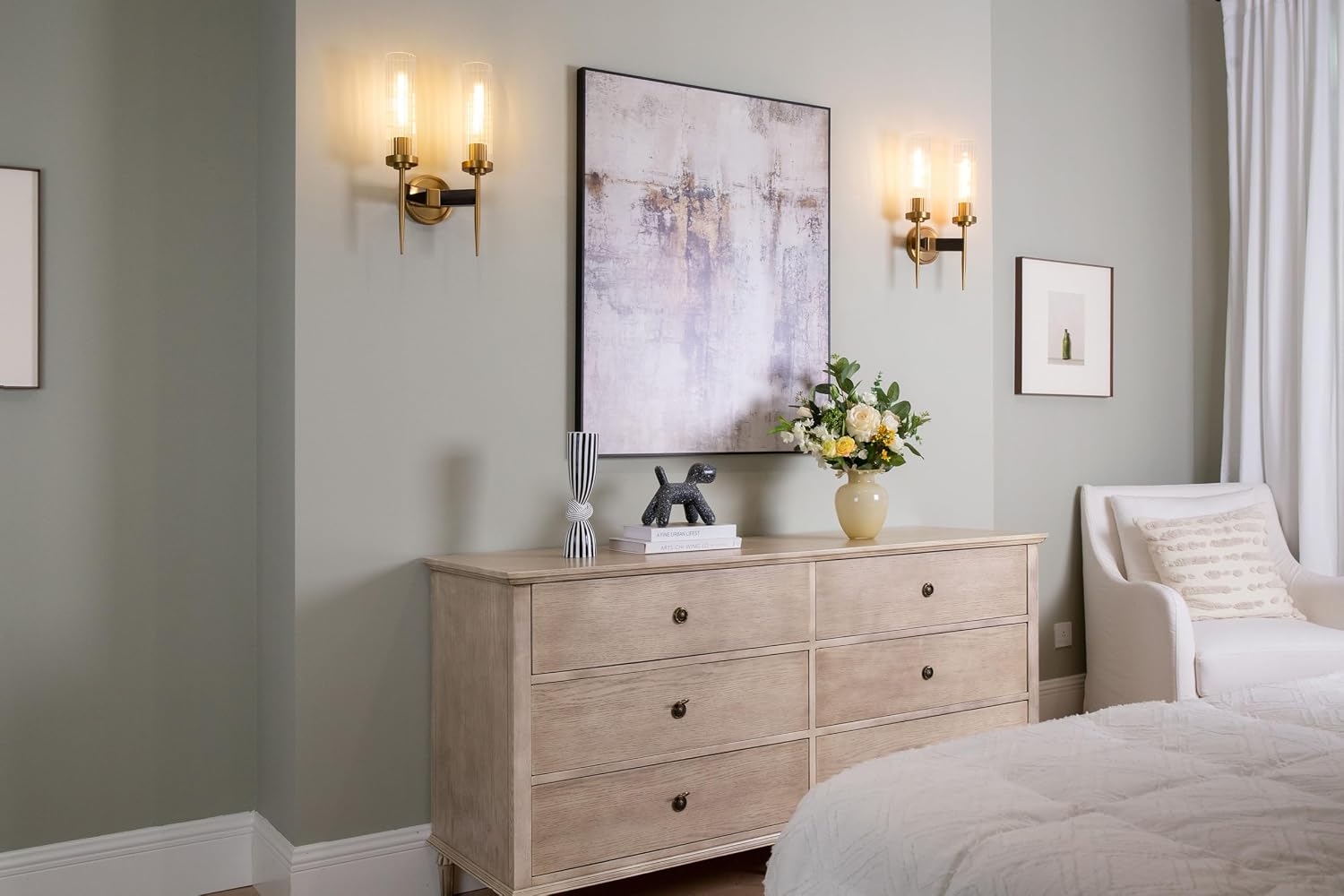 PERMO Wall sconces 2 Lights Glod Wall Light Fixtures with 2.8" Cylindrical Clear Glass Shade Brass Double sconces for Living Room Bathroom Corridor Mirror Bedroom