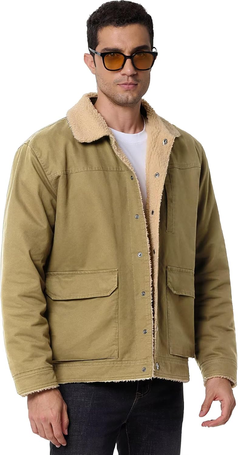 UIQUR Men's Winter Fleece Lined Jacket Casual Thermal Trucker Coat Lightweight Cotton Cargo Work Jacket with Pockets for Fall