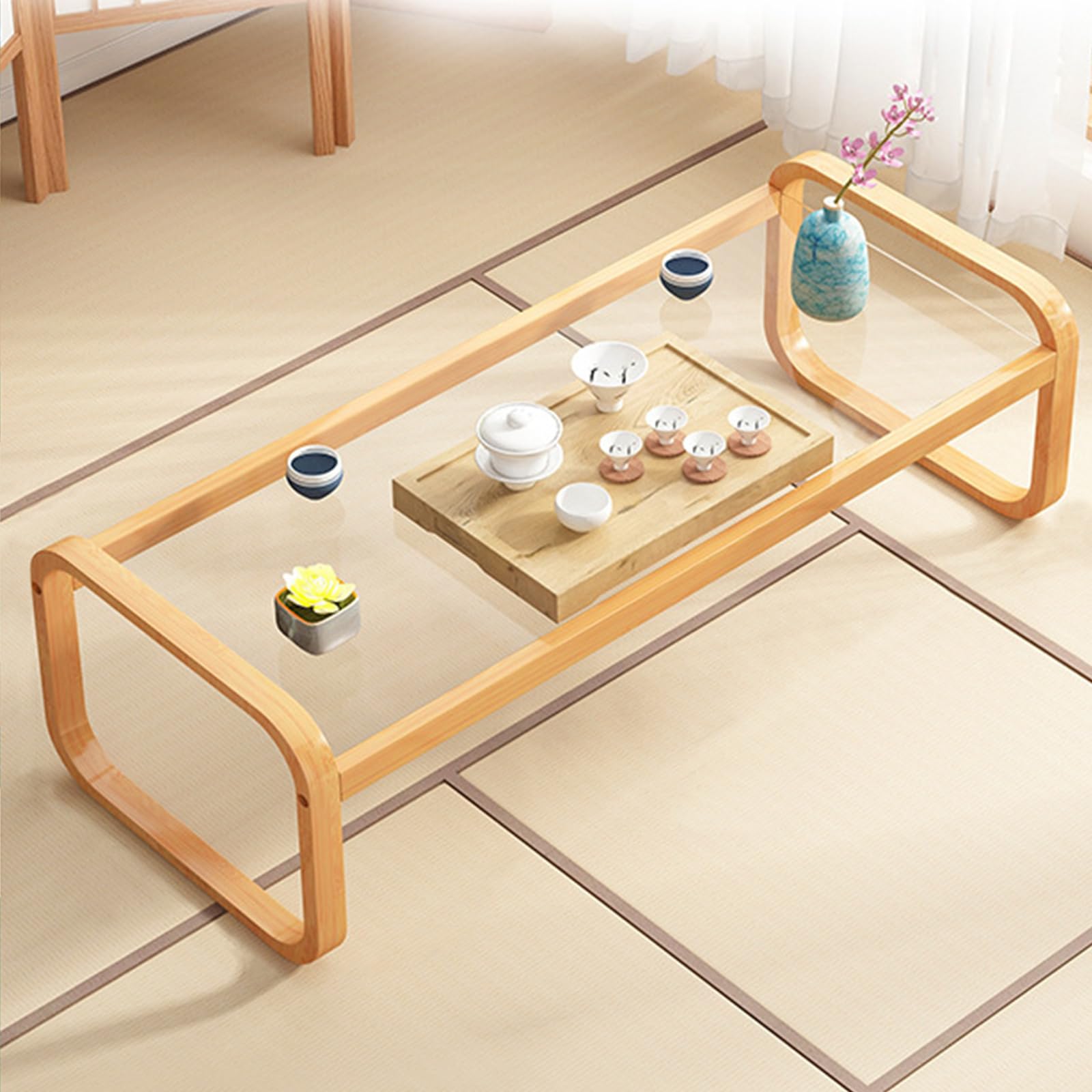 Table basse japonaise avec cadre en bambou et plateau d'exception