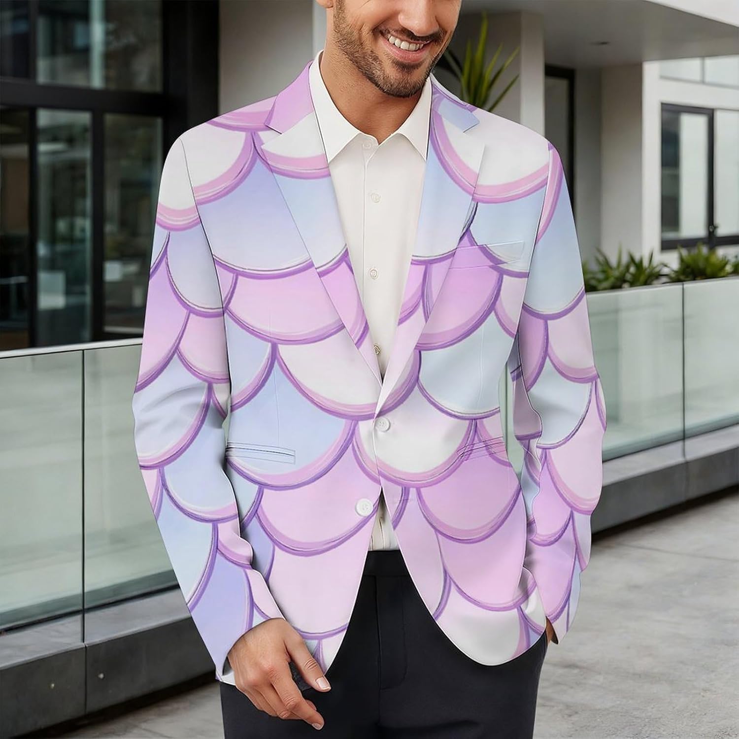 Pinkpurple Fish Scales Suits Blazer for Men Casual Buttons Lapel Jacket Sport Coat
