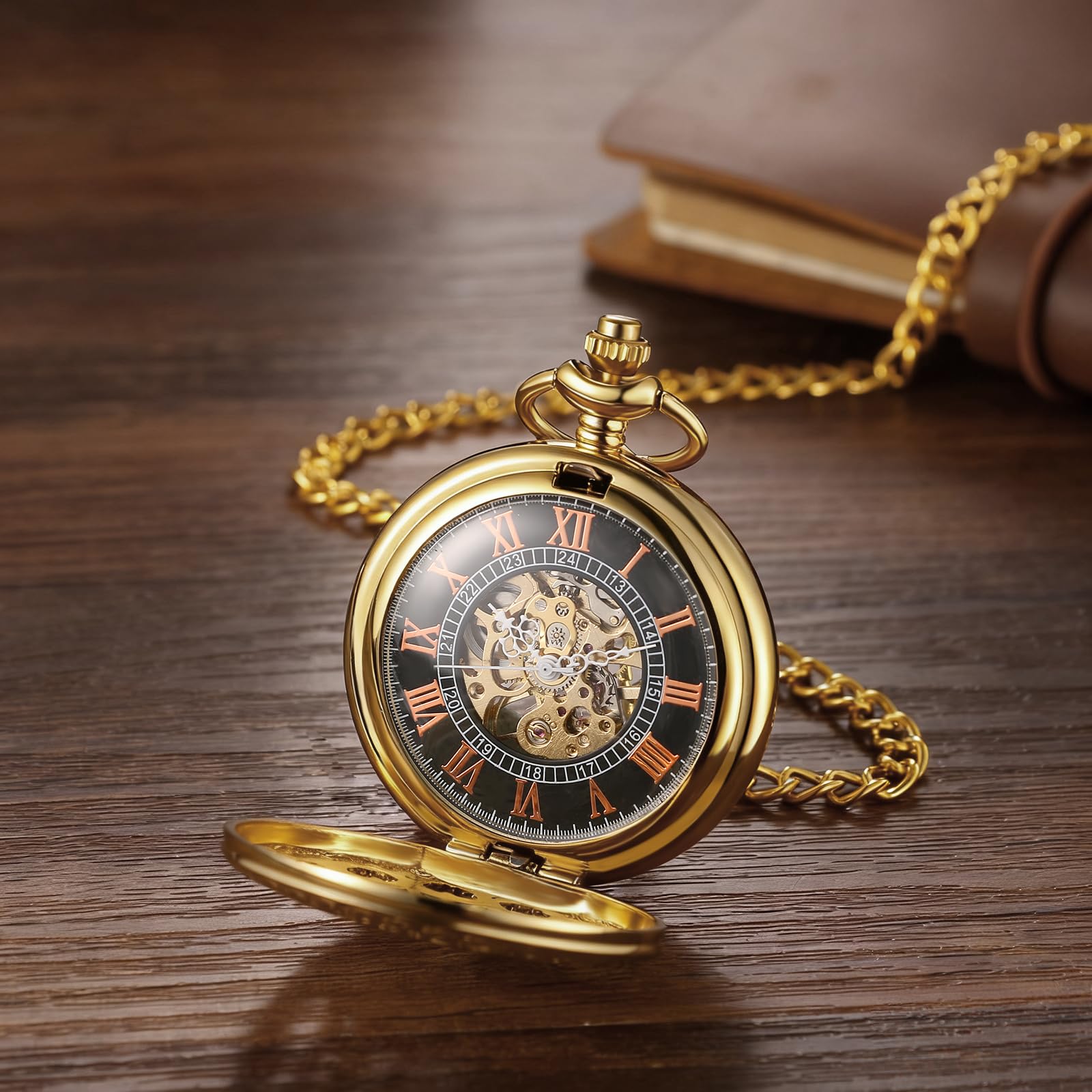 JewelryWe Orologio da taschino meccanico automatico: elegante design scheletro ragnatela cassa con numeri romani quadrante analogico a carica automatica con catena in vita da 37 cm per uomo
