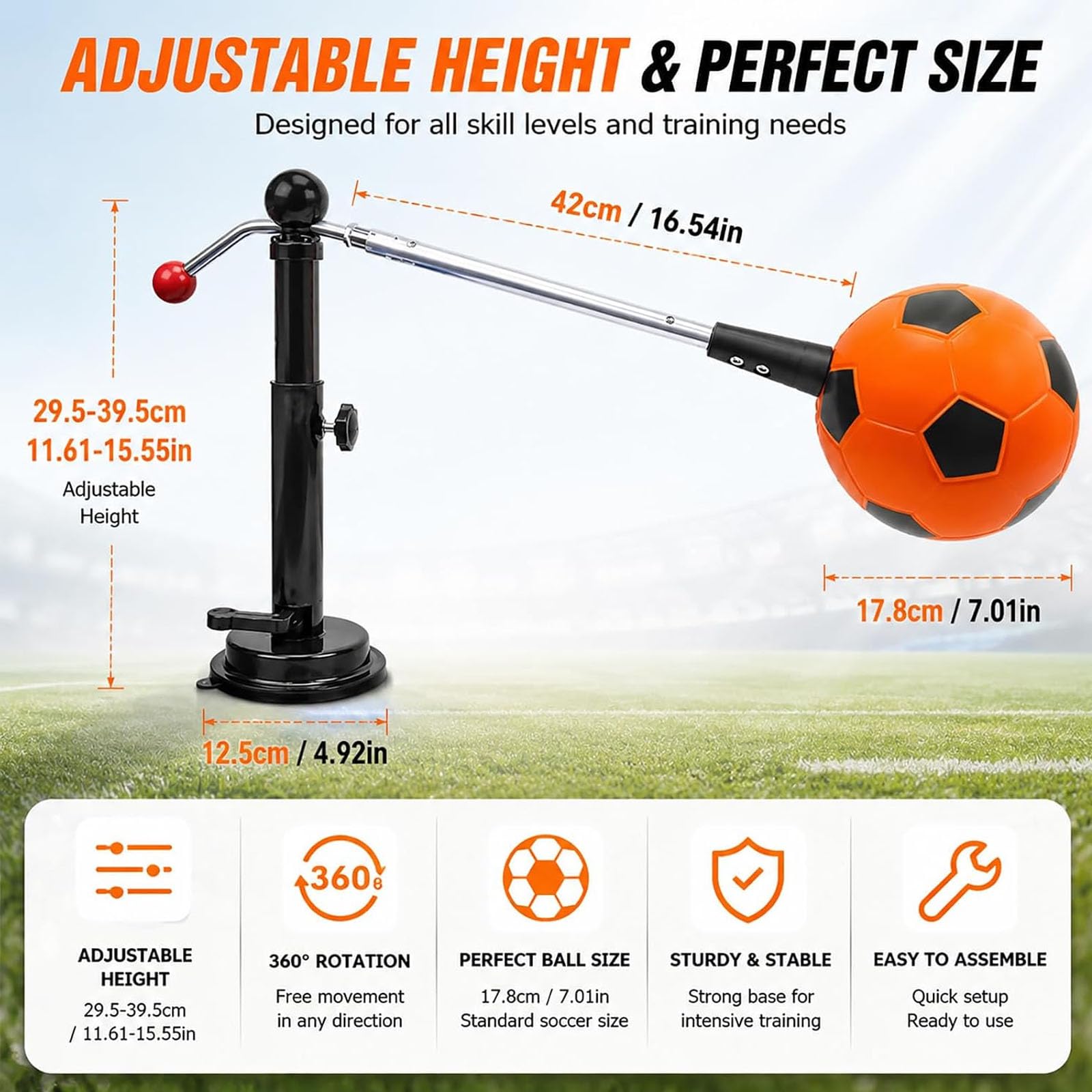 Allenatore di calcio singolo con rotazione a 360°, Iron PU 42 cm | Auxilio di allenamento regolabile per il controllo della palla, attrezzature di allenamento per l'agilità, per dribbling