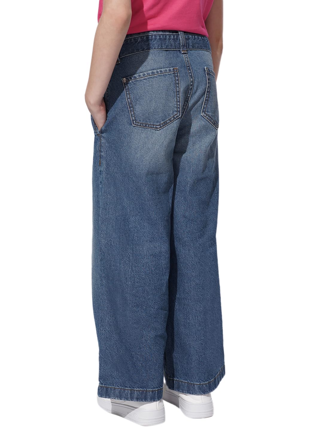 VERO MODA Girl Denim Cotton Blend Wide Leg High Rise Blue Jeans with Belt 1