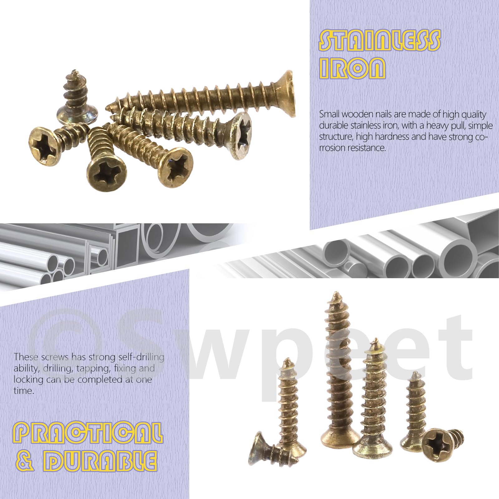 Swpeet 1300Pcs 5mm-16mm Small Wood Screws Assortment Kit, Self Drilling Flat Cross Head Screws, Bronze, 2mm x 5mm, 2mm x 6mm - Image 3