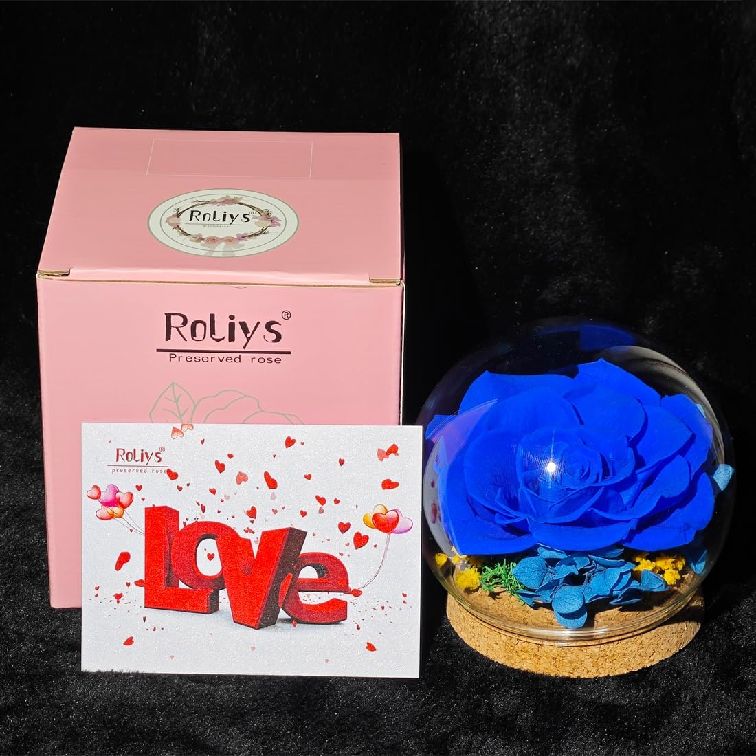 Preserved Real Rose in a Circular Glass Cover, Wooden Base, a Gift for Valentine's, Mother's Day Christmas, Anniversary, Girlfriend Birthday(Blue) 1 pcs 10 cm - Image 2