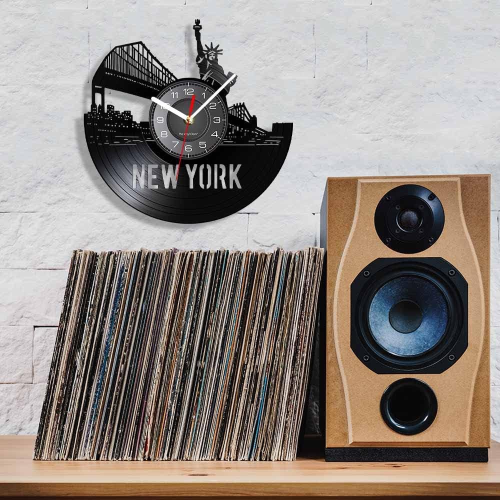 12 Inches New York Skyline Vinyl Record Wall Clock Battery Operated Silent Non-Ticking, USA Cityscape Wall Decor Hanging Wall Clock Watch Brooklyn Bridge Manhattan NYC for Living Room Decor