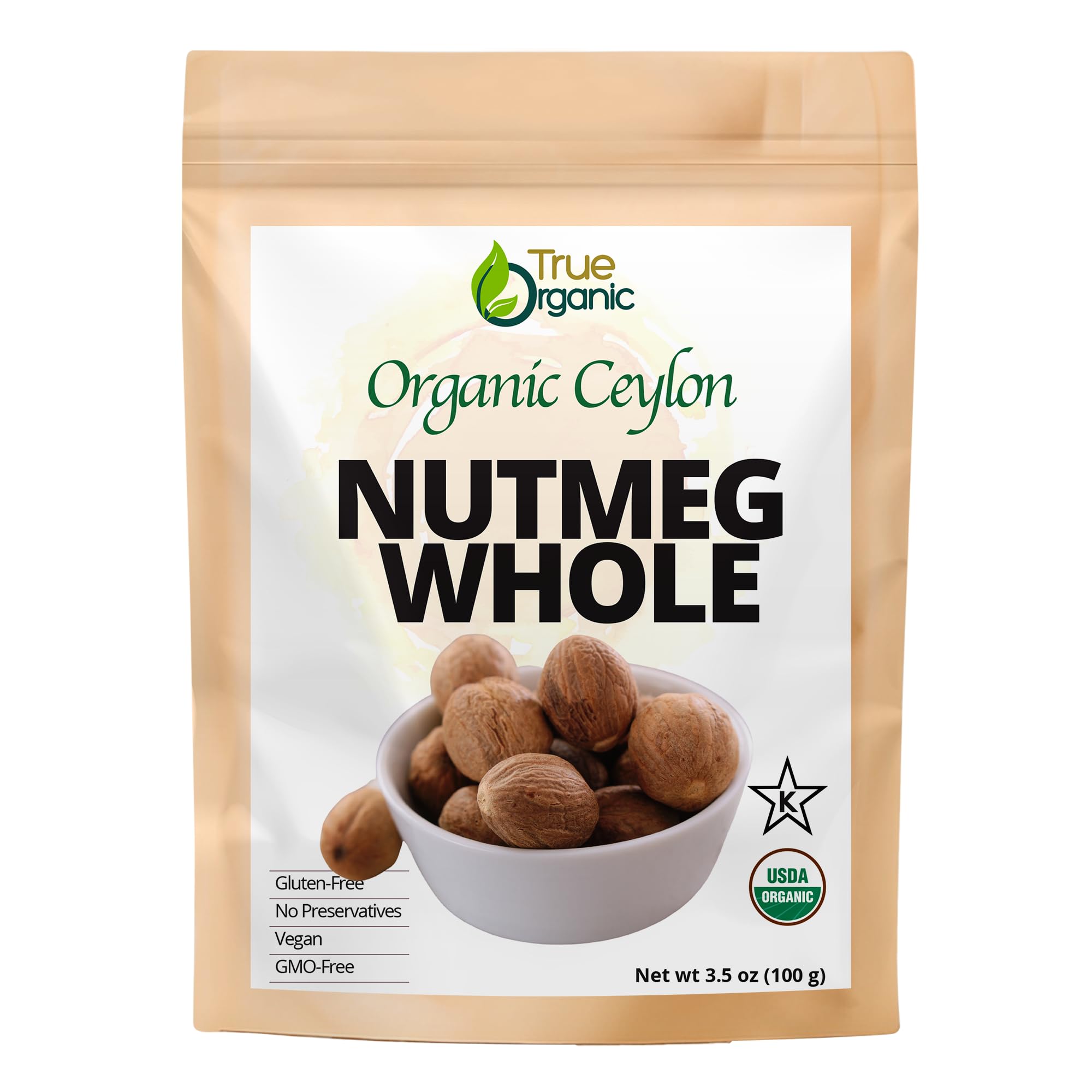 True Organic Ceylon Nutmeg Whole, Premium Grade, USDA & Kosher Certified, Gluten Free, Pure Ceylon Premium Quality 3.5 oz, Premium nutmeg for Cooking and Baking.