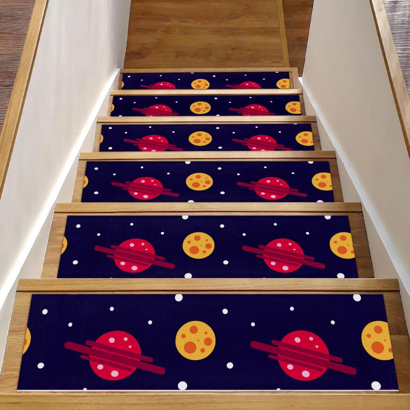 Peldaños antideslizantes para escaleras de madera con diseño de planeta cohete pack de 15