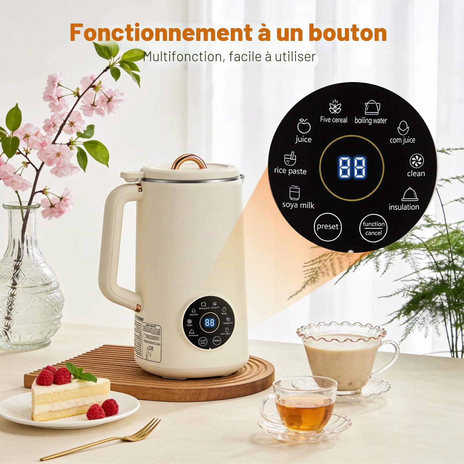 8 IN 1 Machine à lait végétaux, 1000 ml Machine à Lait de Noix Automatique avec 10 Lames, Maintien au Chaud & Auto-Nettoyage, Machine pour Lait Végétal pour Avoine, Soja, Noix, Fruits