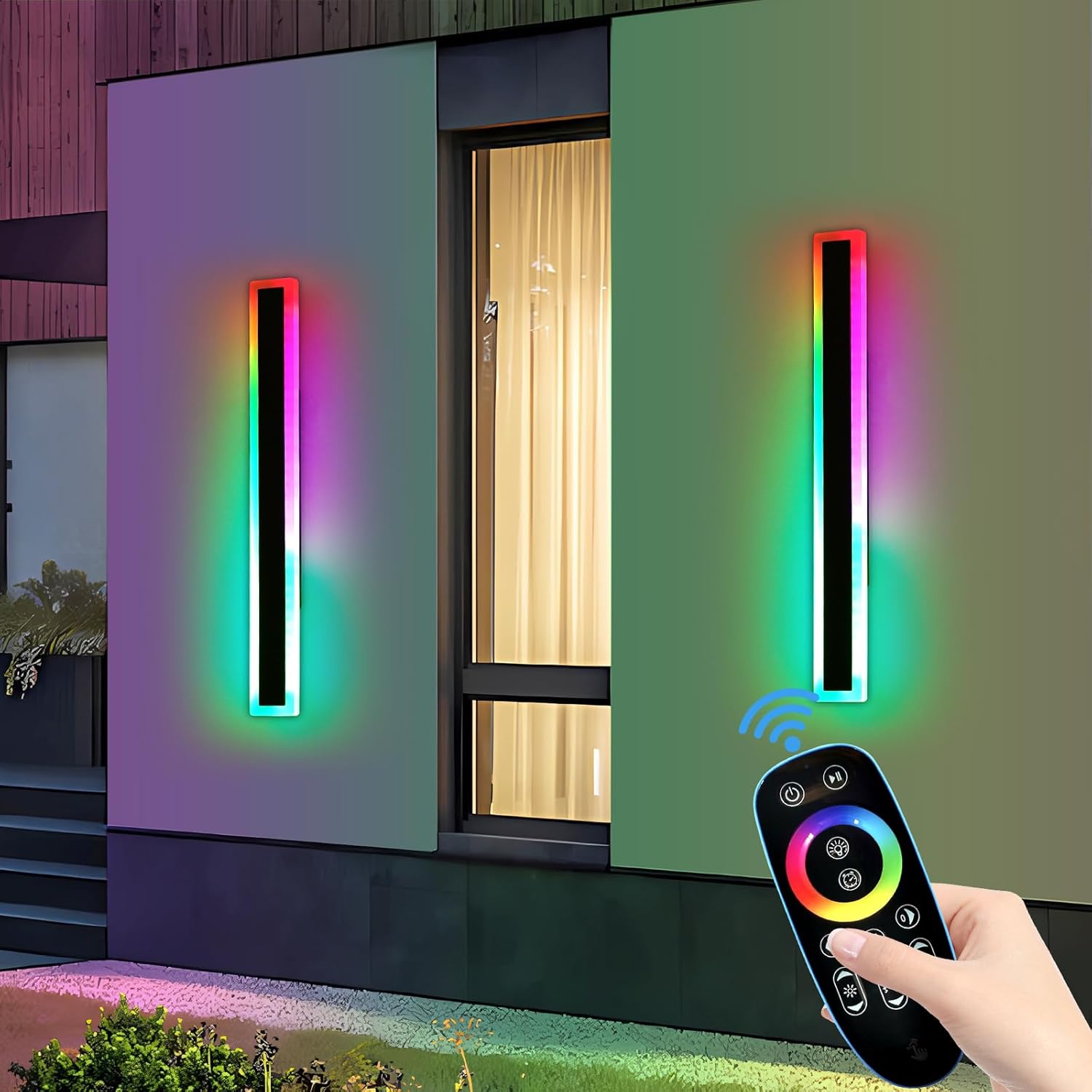 2 Pack Outdoor RGB Wall Sconce, 23.6inch Modern LED Light Fixture, IP65 Waterproof, 10 Colors, 5 Modes, Dimmable with Remote Control, Long Linear Wall Mount Lighting for Garden, Patio, Fence 23.6inch RGBW(Red,Green,Blue,White)