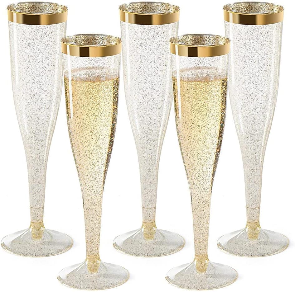24 Pack Plastic Champagne Flutes Gold Glitter Plastic Cups 6.5 OZ Clear Plastic Cups Tumblers, Fancy Disposable Hard Plastic Cups with Gold Glitter, Premium Wedding Cups Elegant Party Cups