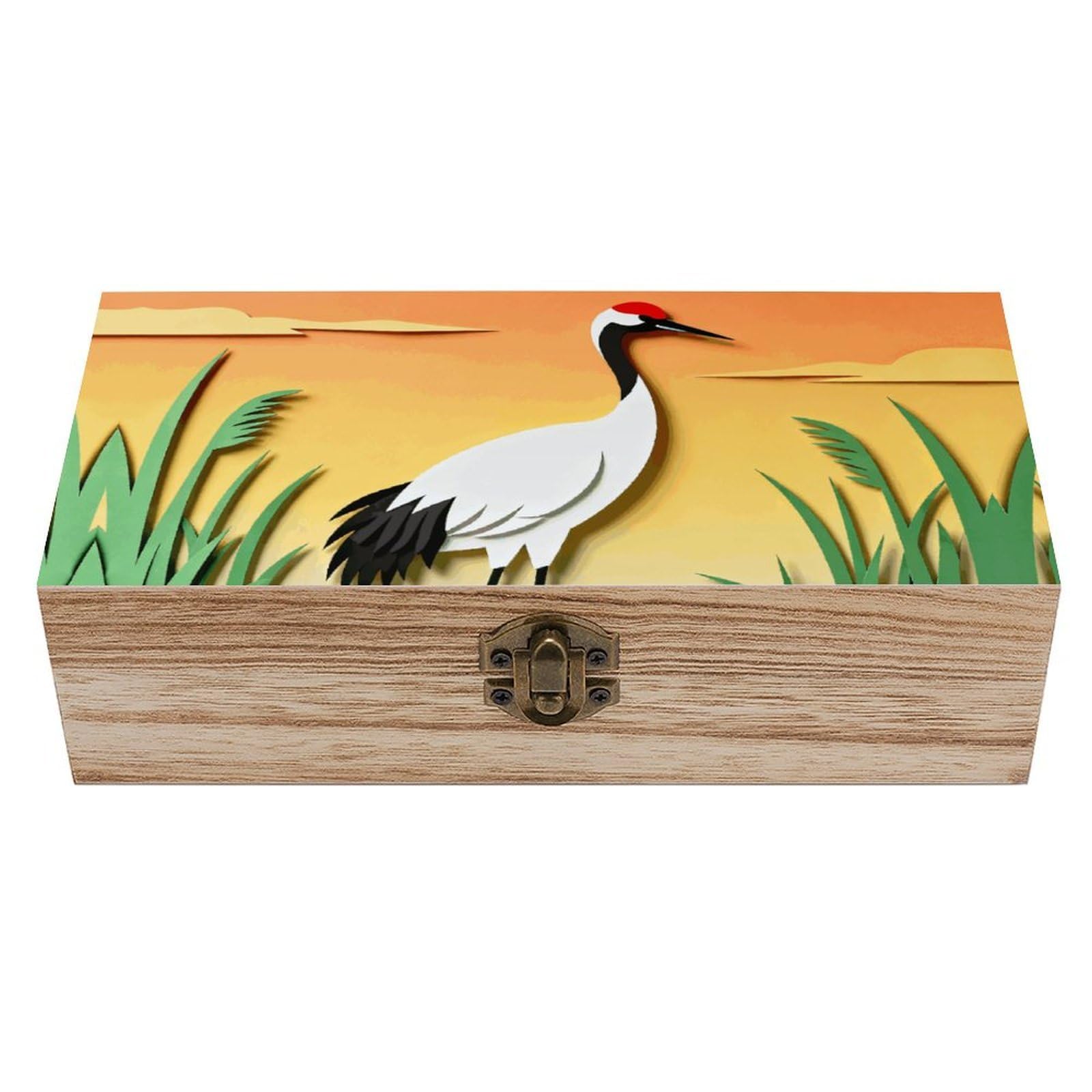 LZQPOEAS Elegant Grace of Crane Silhouette Wooden Storage Box Small Decorative Box with Hinged Lid Handmade Elegant Keepsake Storage Box for Jewelry, Photos, Trinkets, Letter Gifts, Small Heirlooms