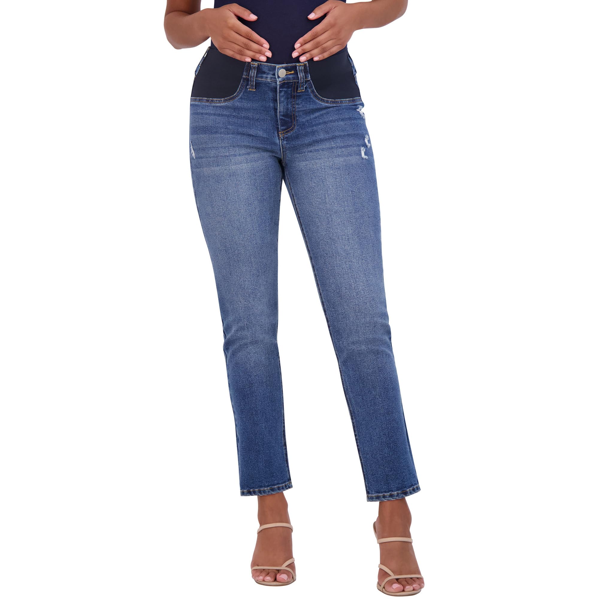 Savi ParkerWomen's Maternity Jeans Under The Belly – Comfy Stretch Straight Leg Distressed Maternity Jeans - 29" Inseam