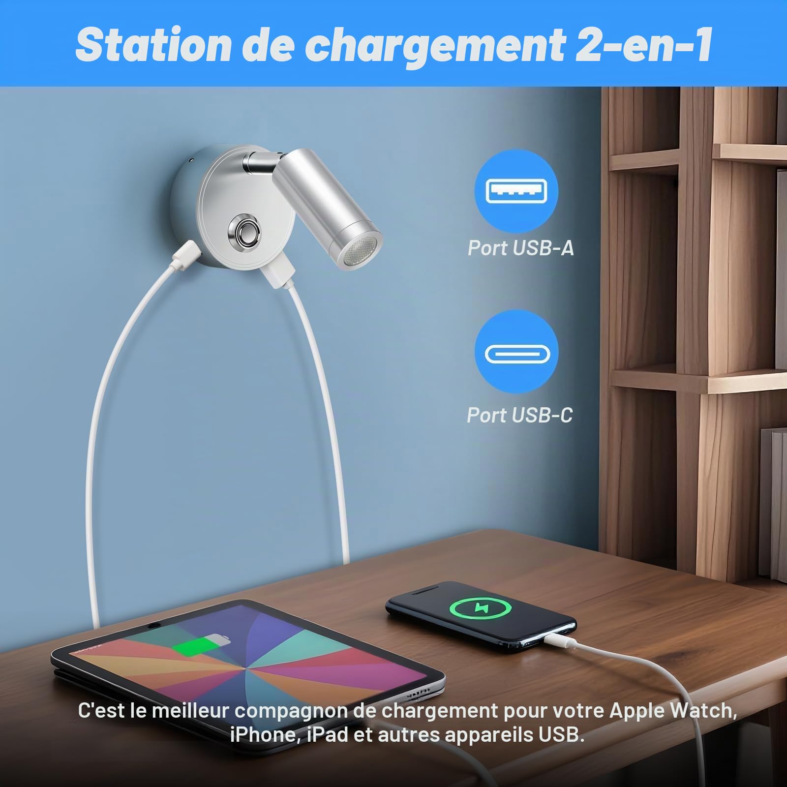ERWEY 2pcs LED lampe de lecture 12V RV tactile gradation 3 modes de température de couleur avec fonction de charge connecteur USB A + C, DC 12V - 24V marine voiture Camping van Yacht, argent