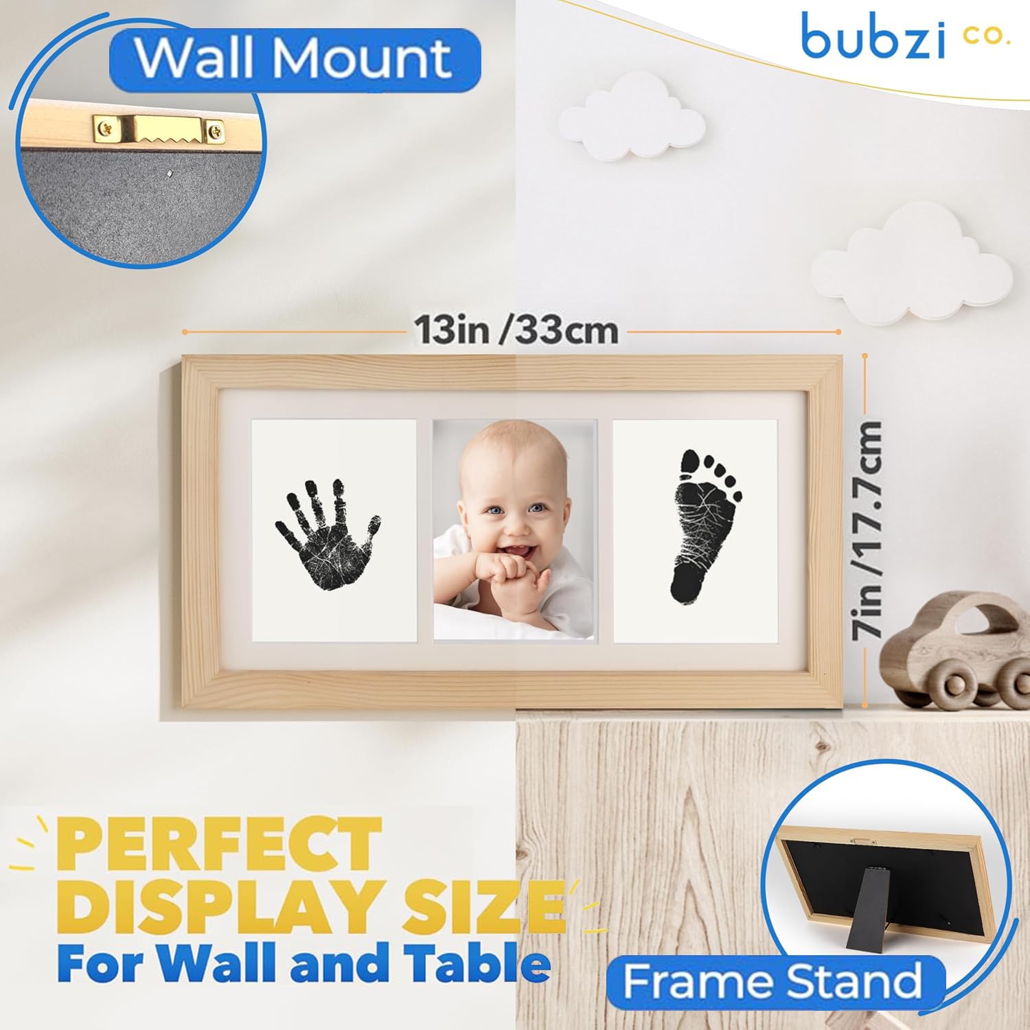 Bubzi Co Empreint Bébé Cadre Déco Blanc Encre Non Toxique Souvenir Personnalisé Décoration Chambre Bébé Cadeau Original Naissance Natural Wood