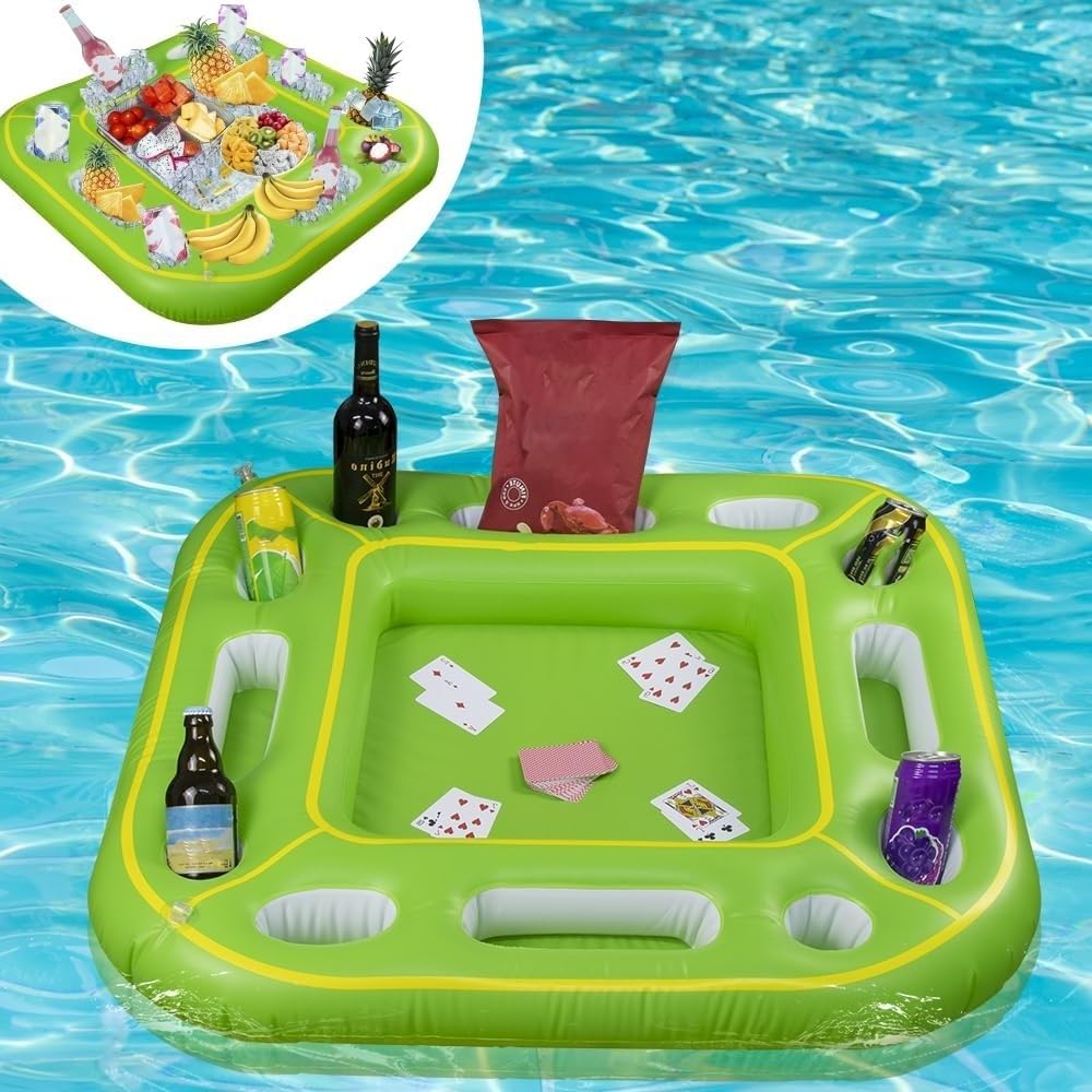 Table de jeu de cartes flottante gonflable, plateau flottant avec porte-boisson et collation, cartes à jouer étanches pour la plage et les fêtes d'été
