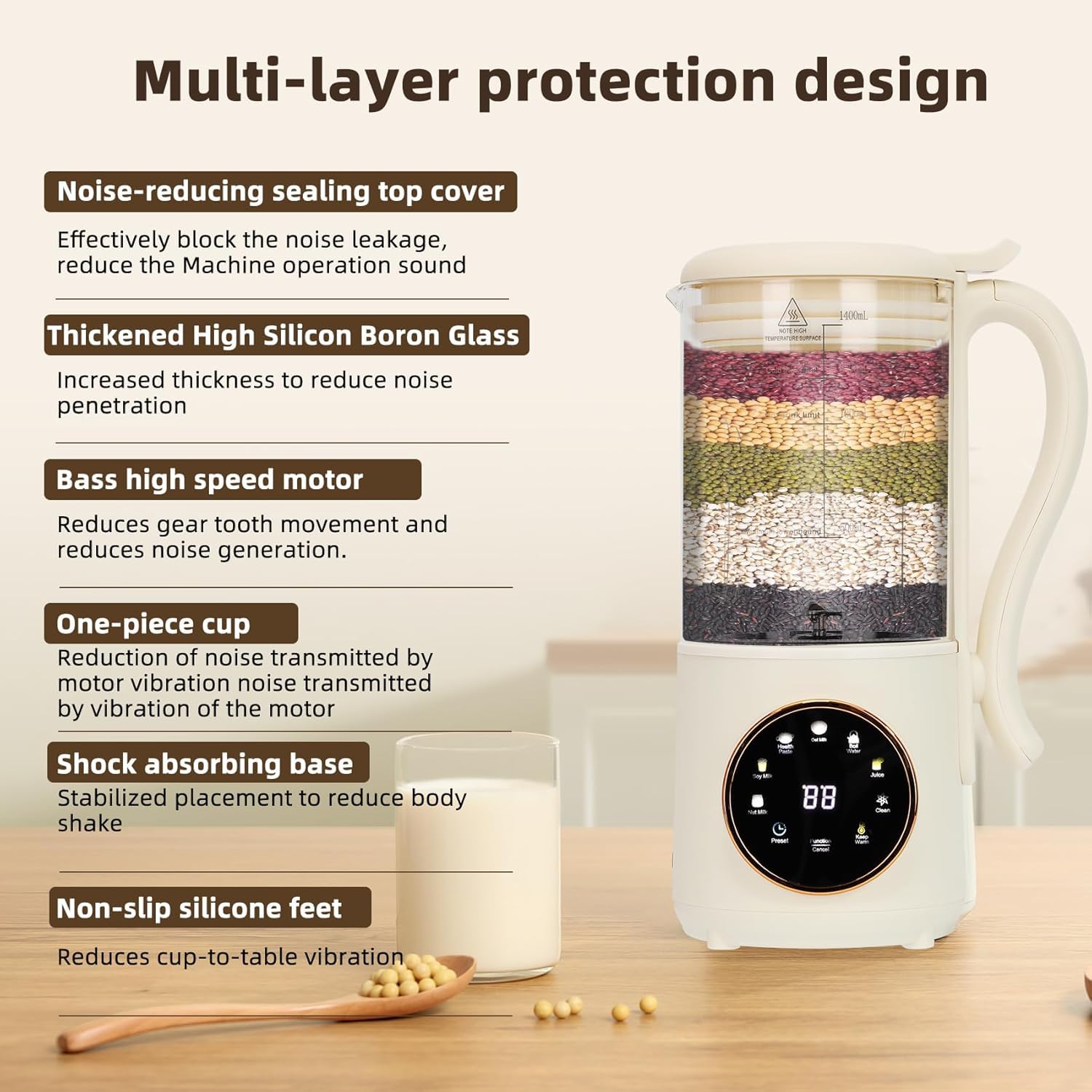 Macchina per latte di soia automatica 9 in 1, 1400 ml, con autopulente, 16 lame per latte di mandorle, latte d'avena, latte vegetale, succo con timer di ritardo 24 ore, acqua bollente e mantenimento