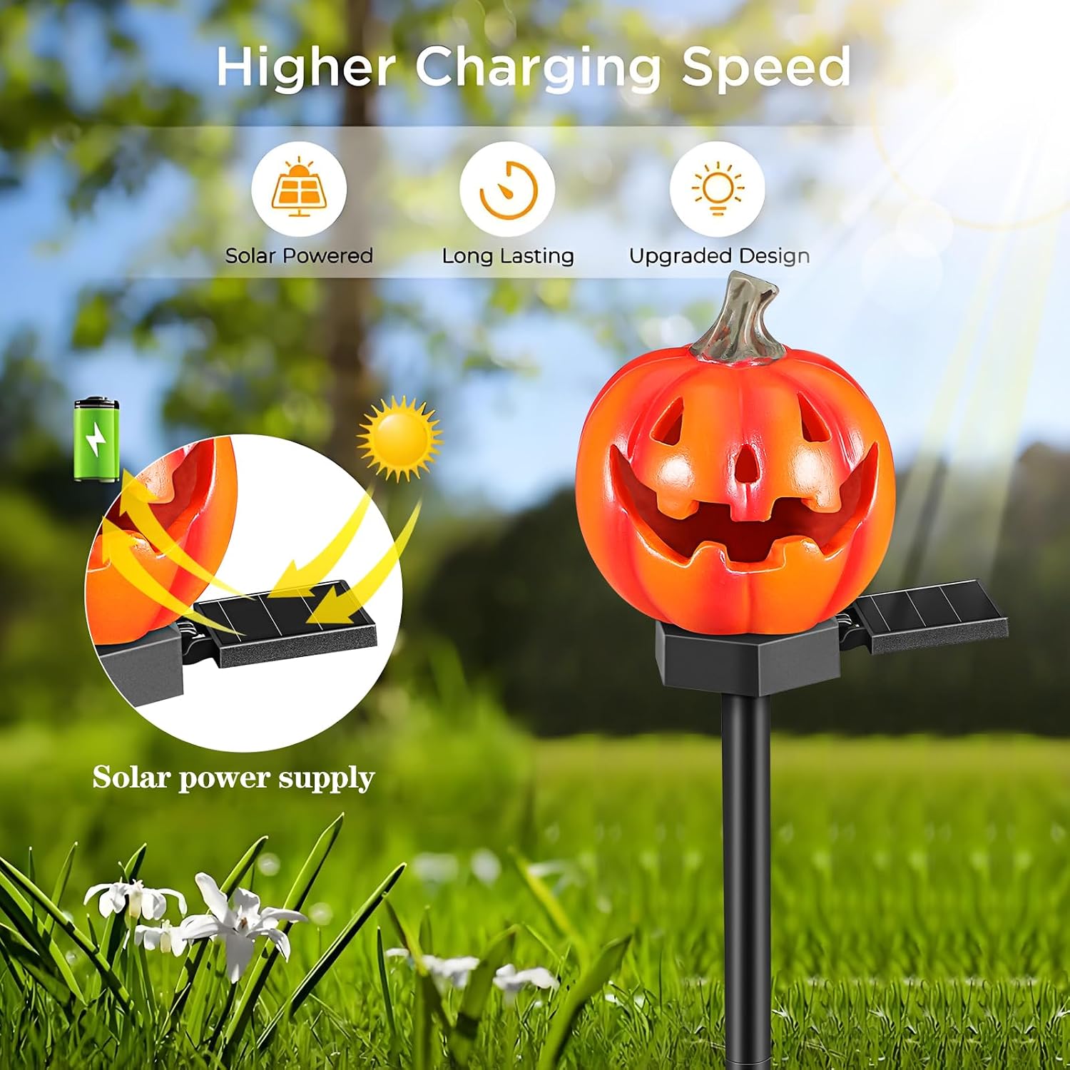 OSALADI Halloween Solar Pumpkin Garden Path Lights, Outdoor Solar-Powered Jack-o’-Lantern Lawn Stake Lamps for Yard and Driveway Decor