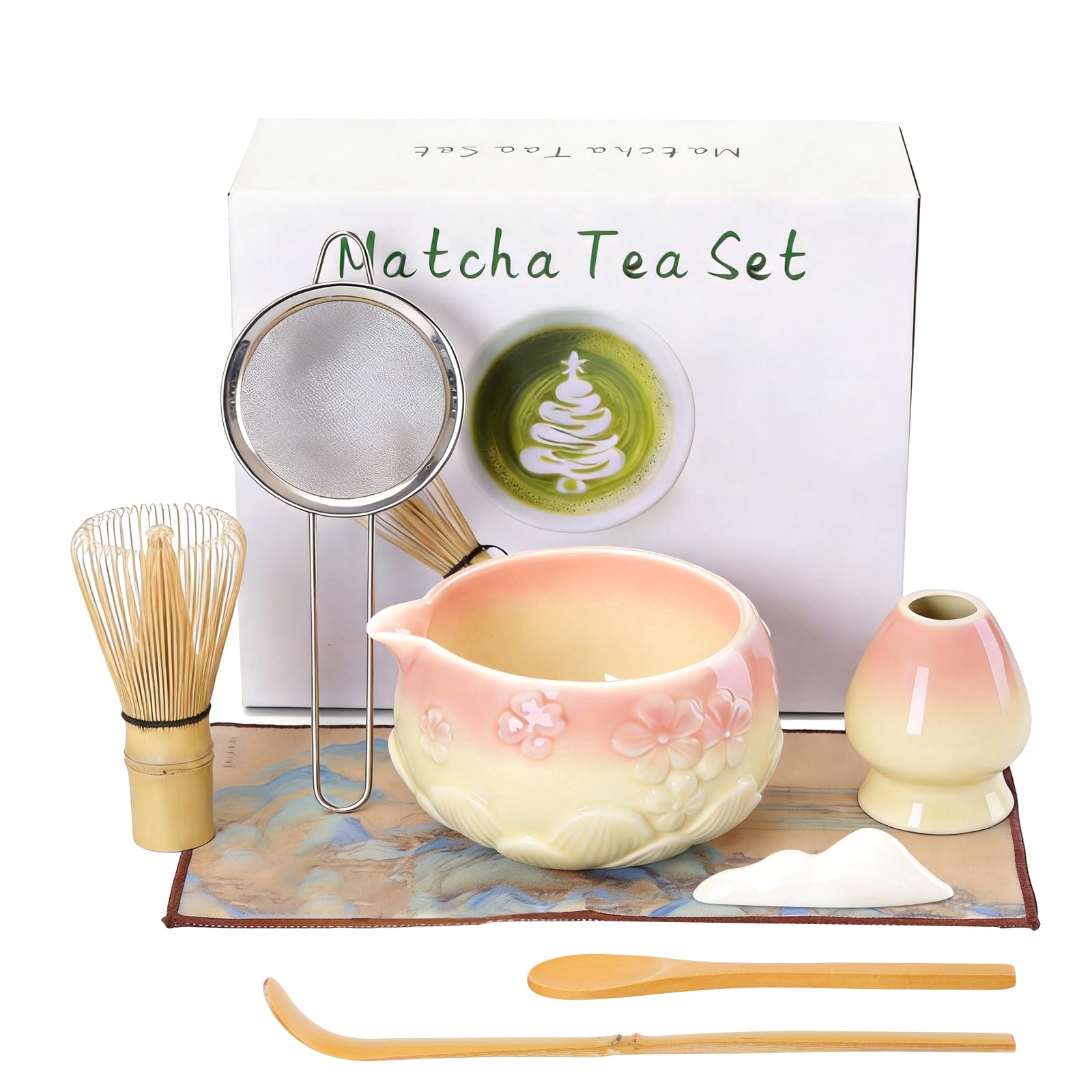 8 Pcs Pink Matcha Set: Ceramic Matcha Bowl and Whisk Set, Handmade Bamboo Whisk (Chasen), Matcha Whisk Holder, Sifter, Scoop, Tea Strainer Fine Mesh & Towel - Japanese Matcha Tea Set & Making Kit Gift