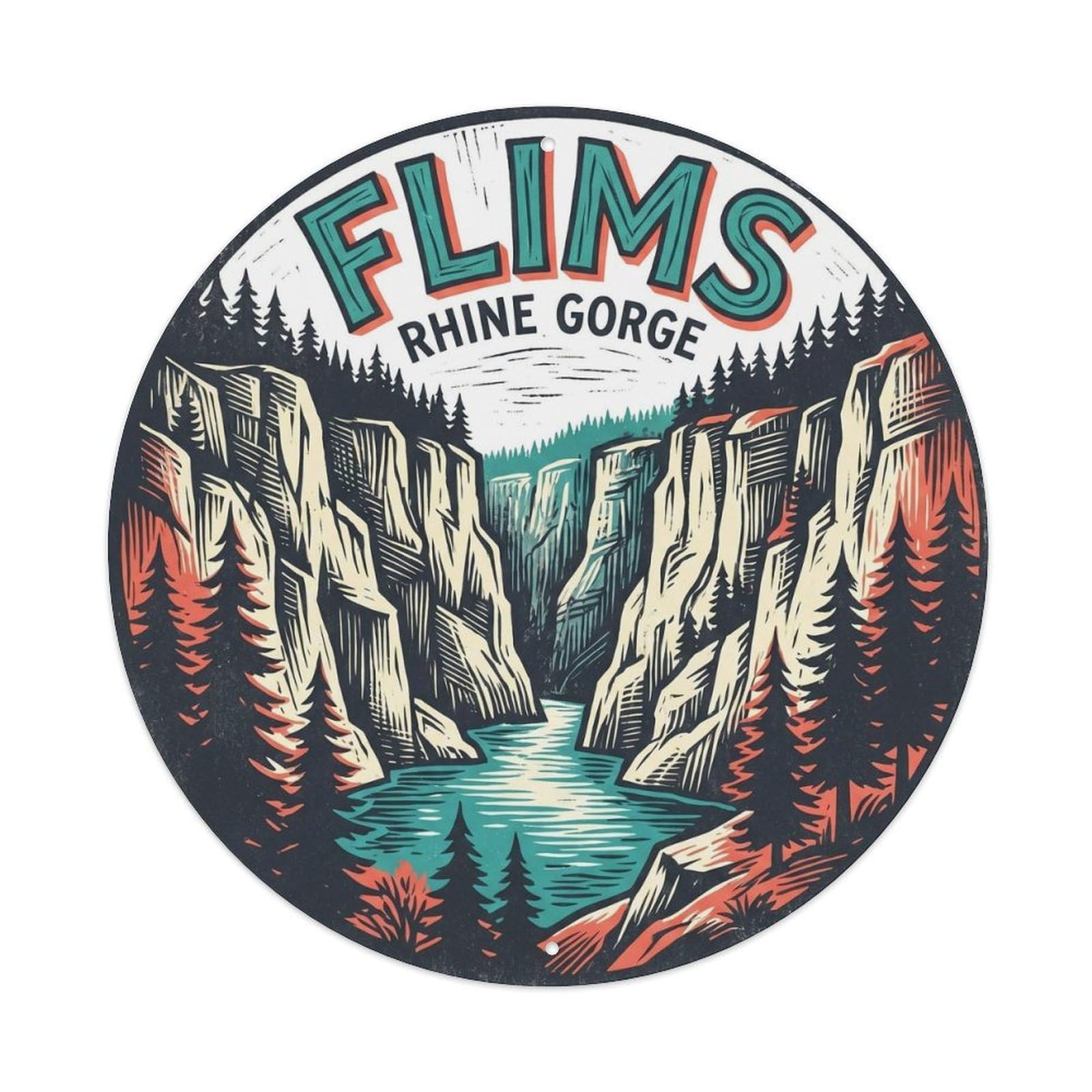 Flims Rhine Gorge Switzerland Vintage Canyon Alpine Resort Metal Tin Sign Plaque Wall Decor for Cafe, Man Cave, Club Bar, Office, Home Garden Round Metal Poster 8x8Inch
