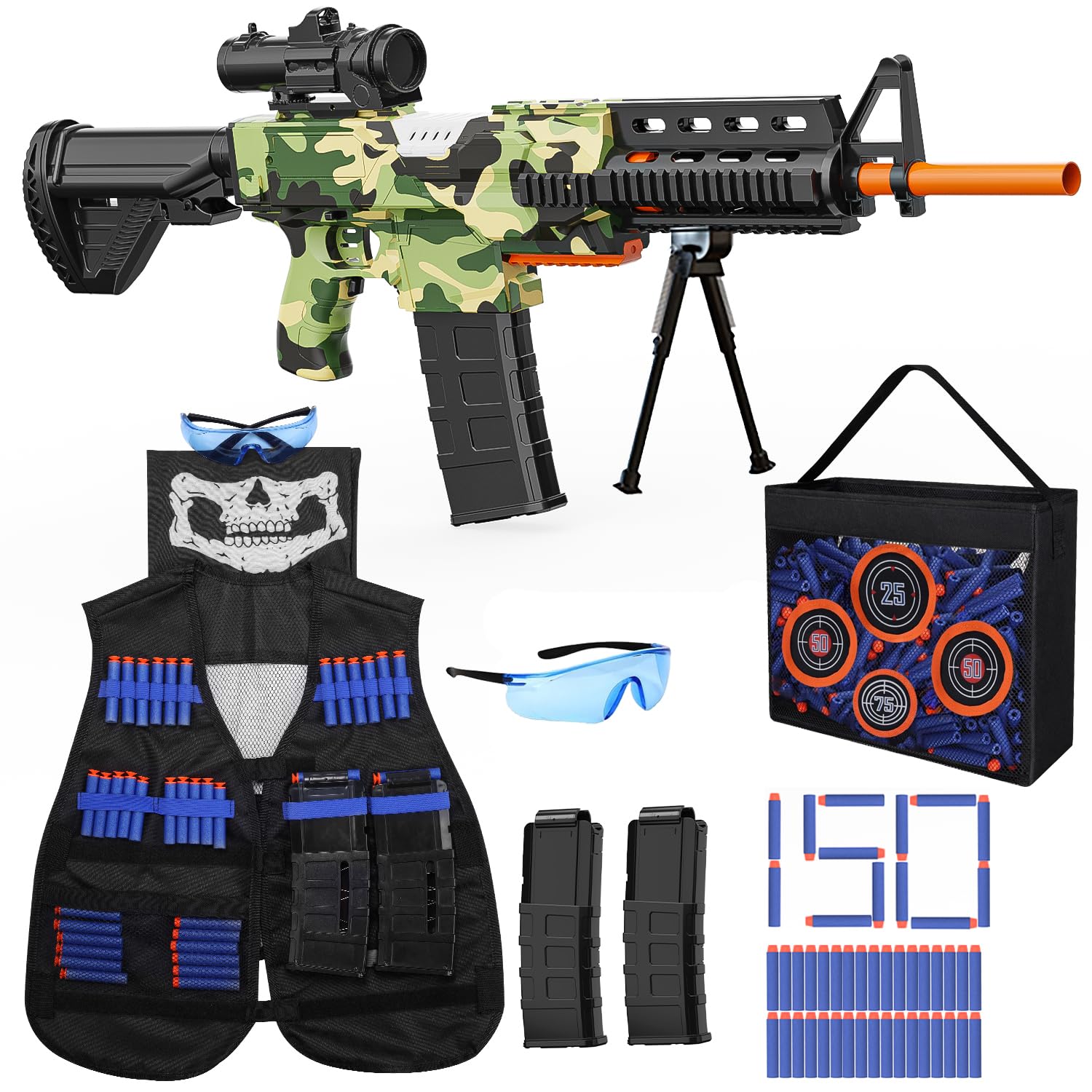 EagleStone Realistic Toy Gun for Kids，Automatic Gun Toy for Boys -3 Modes Toy Foam Blasters with Tactical Vest, Storage Mesh Bag,2 Clips,150 Darts, Electric Toys for Boys Age 8-12 Gifts Birthday