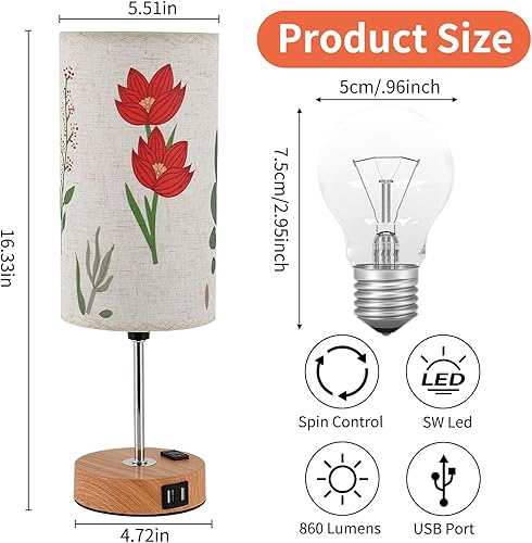Miniatura 4 de Lámpara de mesa táctil de flores, lámparas de noche regulables de 3 vías con puerto USB y tomacorriente, bonita lámpara con base de grano de madera,