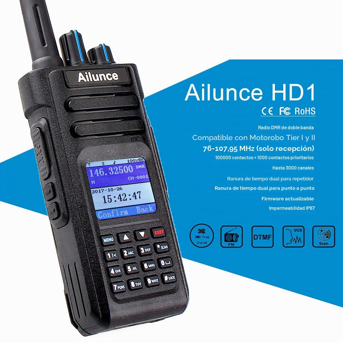 Retevis Ailunce HD1 10W DMR Radioaficionado, Banda Dual, Radio Digital Bidireccional, Batería Tipo C 3200mAh, IP67 Impermeable, Compatible con Otros Radioaficionados (1 Unidad, Negro)