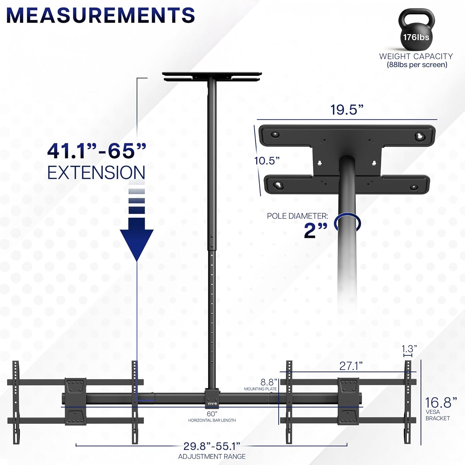 VIVO Side-by-Side Dual TV Ceiling Mount for 34 to 60 inch Screens, Heavy Duty Full Swivel Menu Board for TVs up to 88 lbs Each, 5.5ft Extension Pole, Maximum VESA 600x400, Black, MOUNT-VC2-5